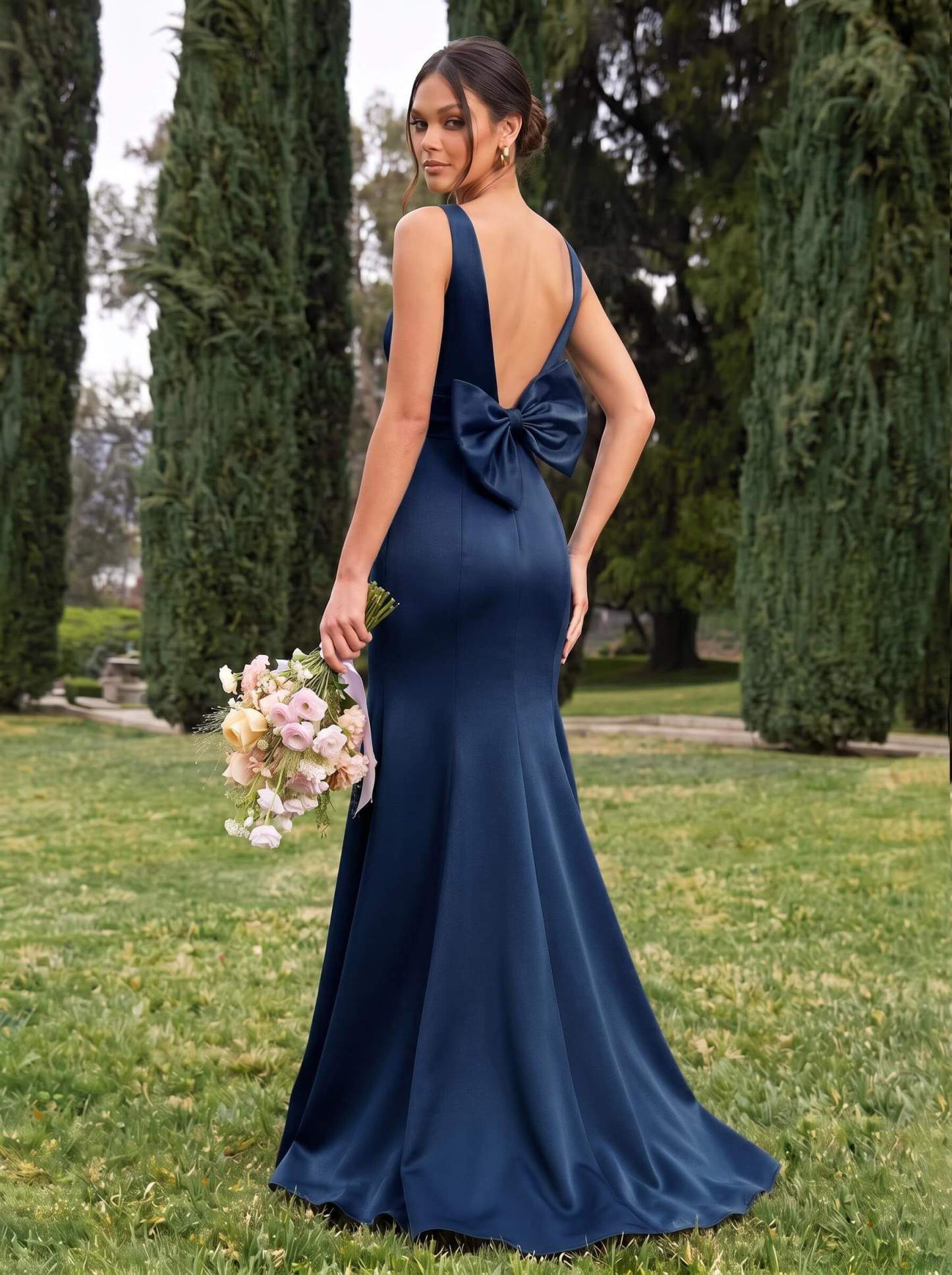 Trumpet/Mermaid Sleeveless Sweep Train Satin Bridesmaid Dresses With Bow(s), product image 5