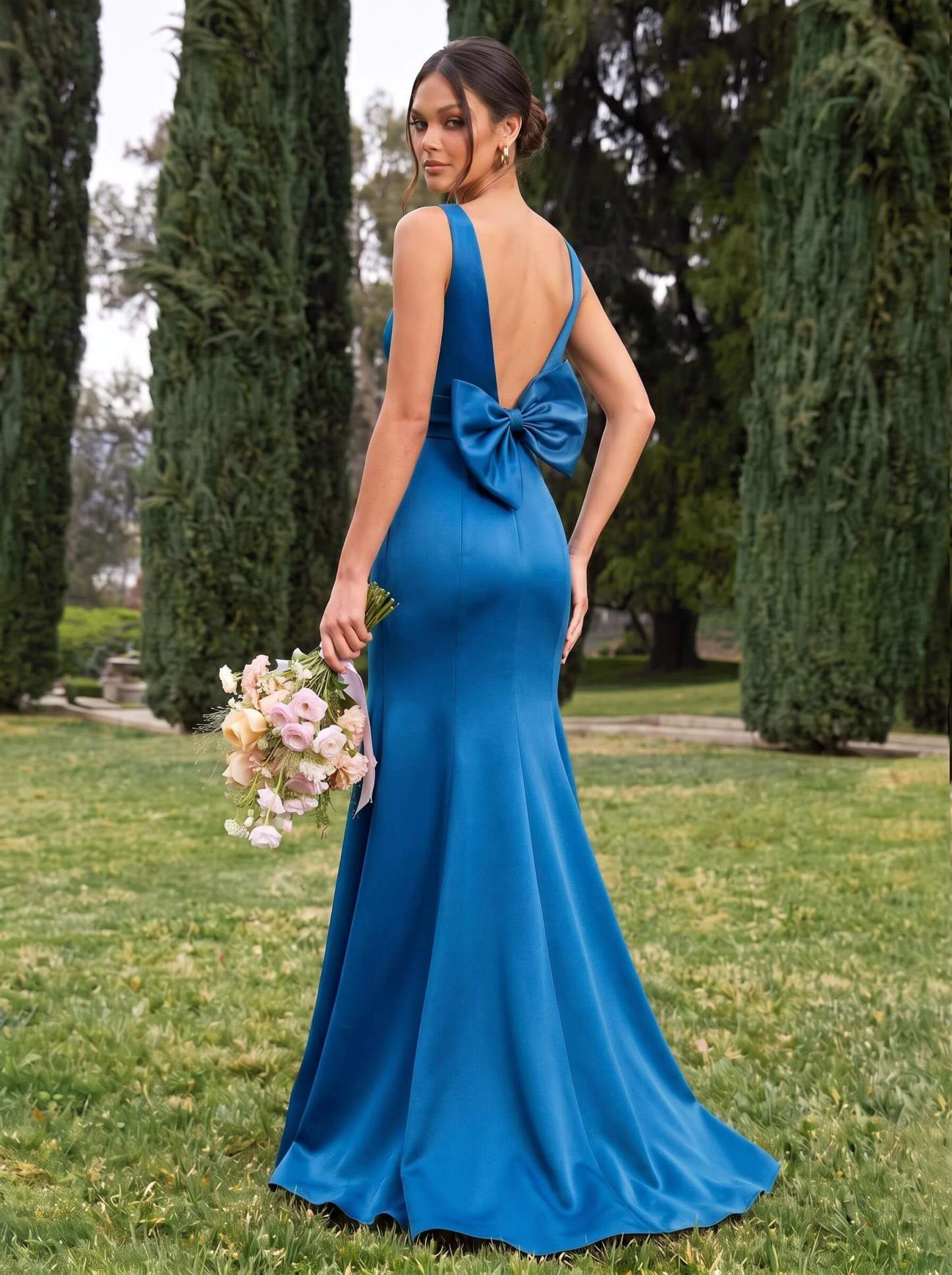 Trumpet/Mermaid Sleeveless Sweep Train Satin Bridesmaid Dresses With Bow(s), product image 17