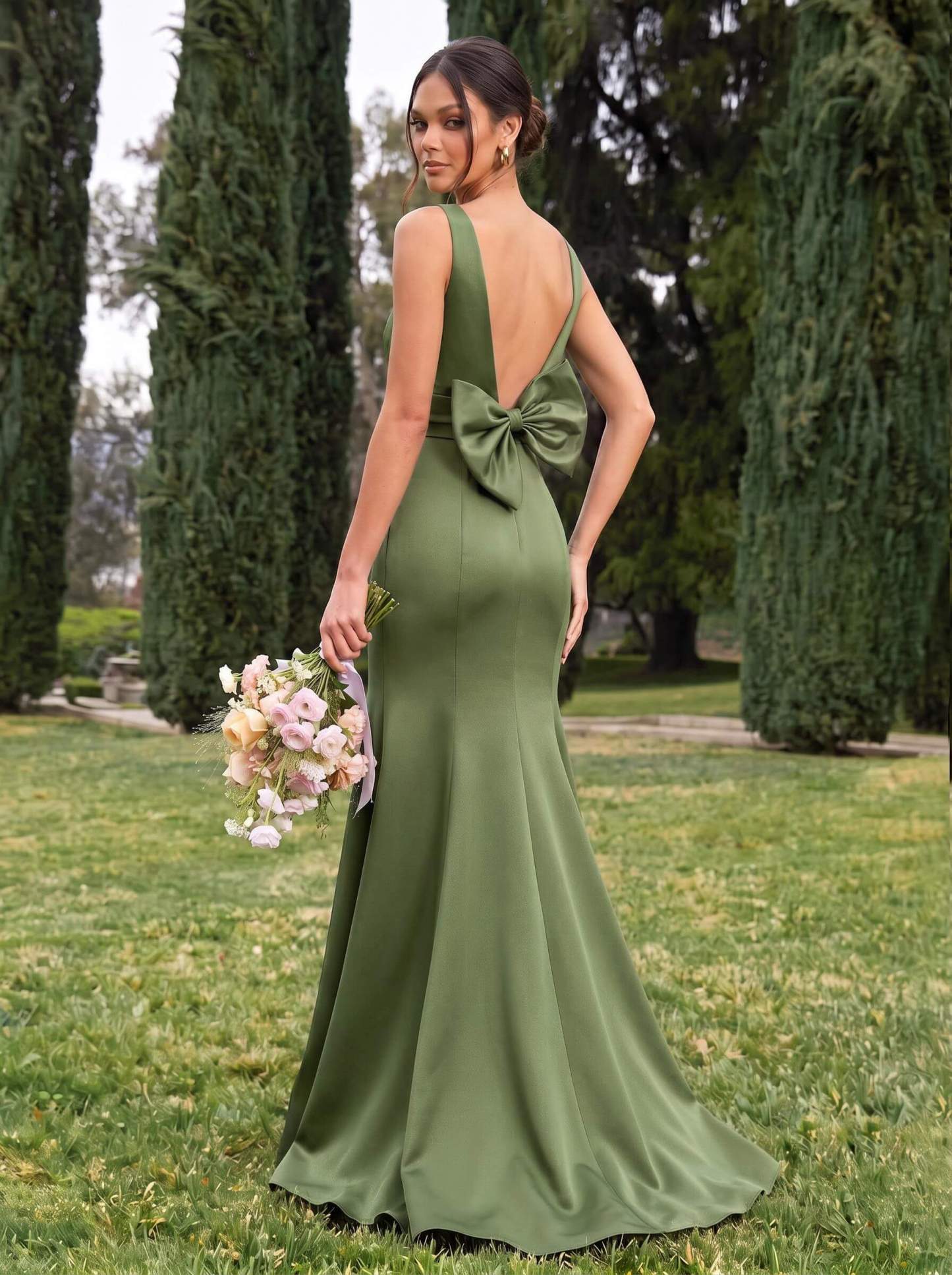Trumpet/Mermaid Sleeveless Sweep Train Satin Bridesmaid Dresses With Bow(s), product image 119