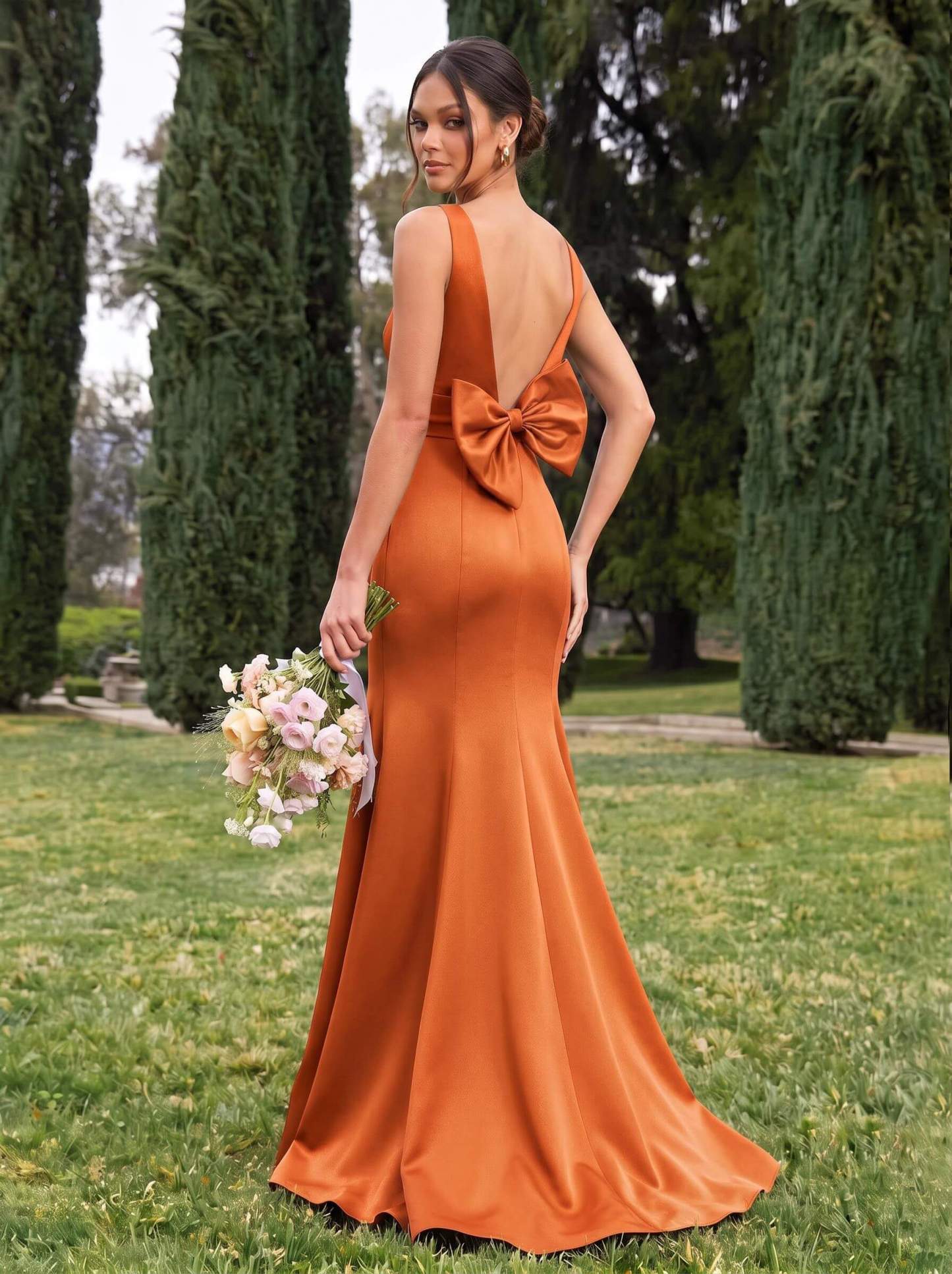 Trumpet/Mermaid Sleeveless Sweep Train Satin Bridesmaid Dresses With Bow(s), product image 99