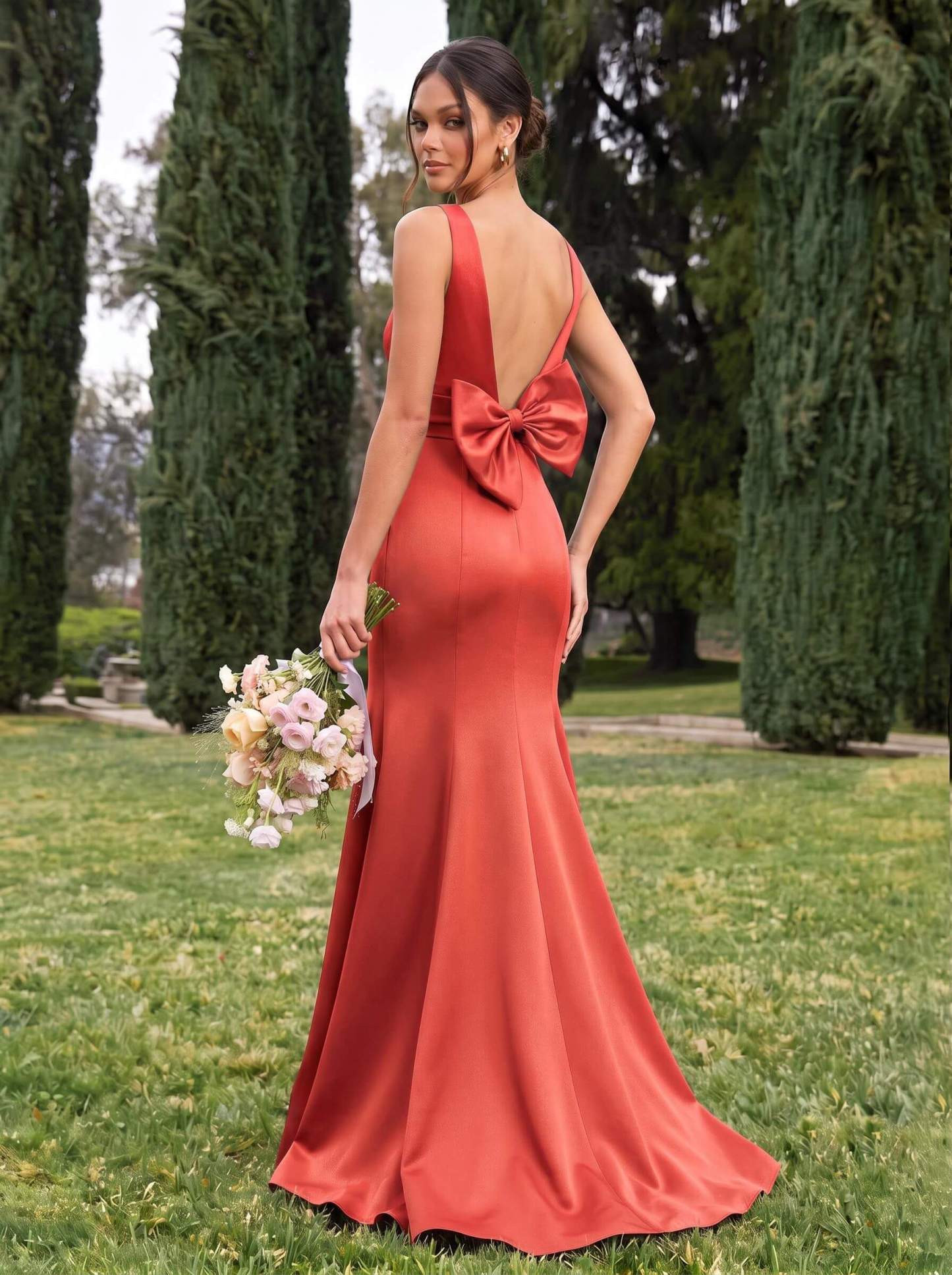 Trumpet/Mermaid Sleeveless Sweep Train Satin Bridesmaid Dresses With Bow(s), product image 101