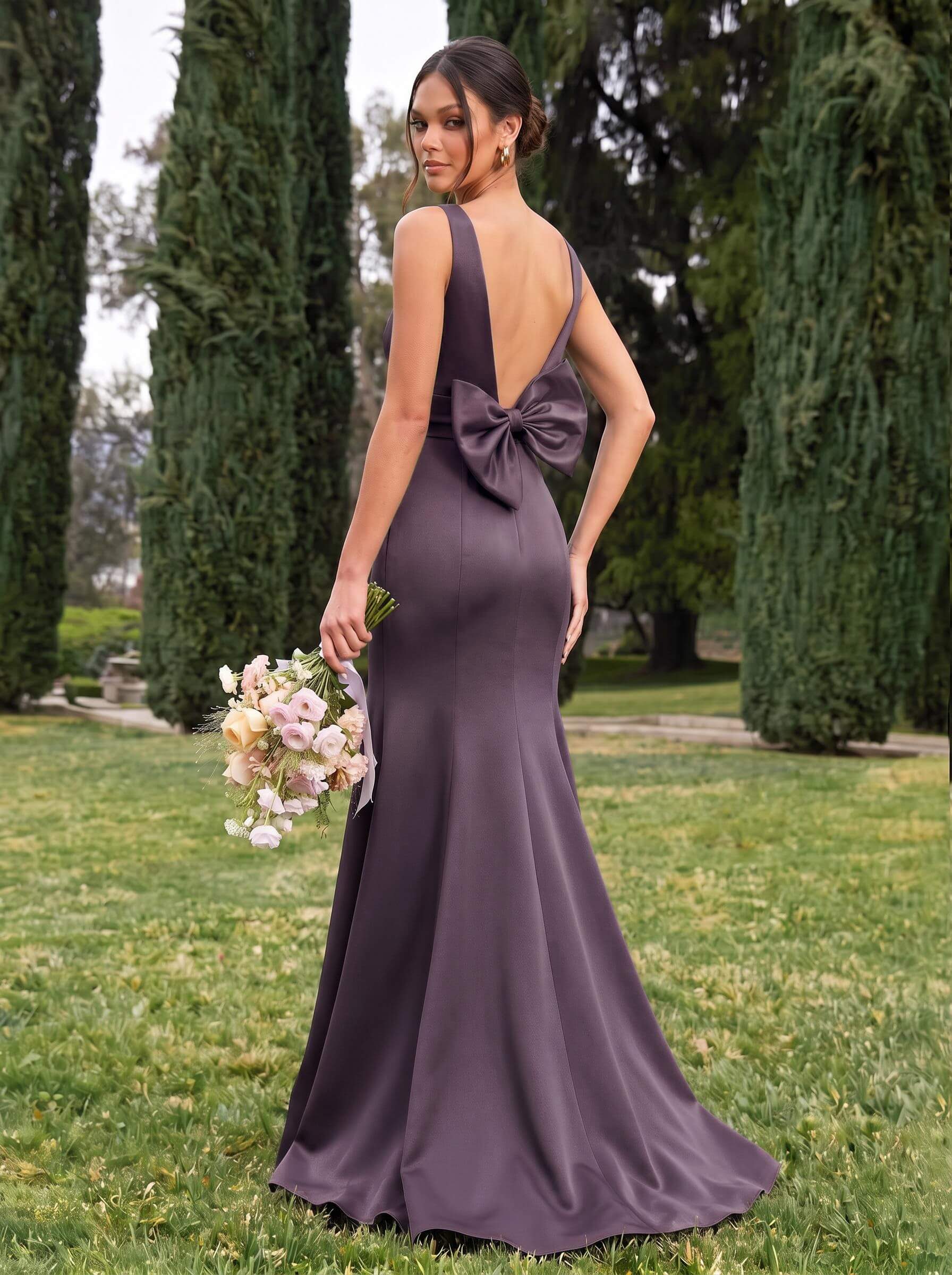 Trumpet/Mermaid Sleeveless Sweep Train Satin Bridesmaid Dresses With Bow(s), product image 117
