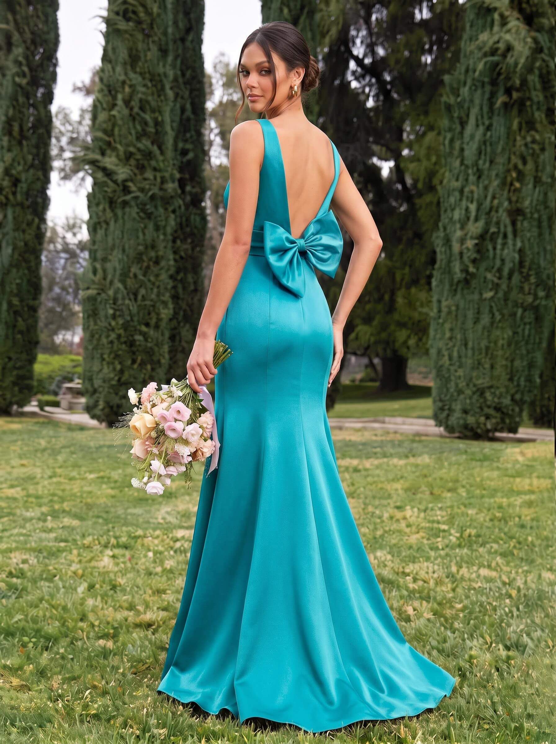 Trumpet/Mermaid Sleeveless Sweep Train Satin Bridesmaid Dresses With Bow(s), product image 19