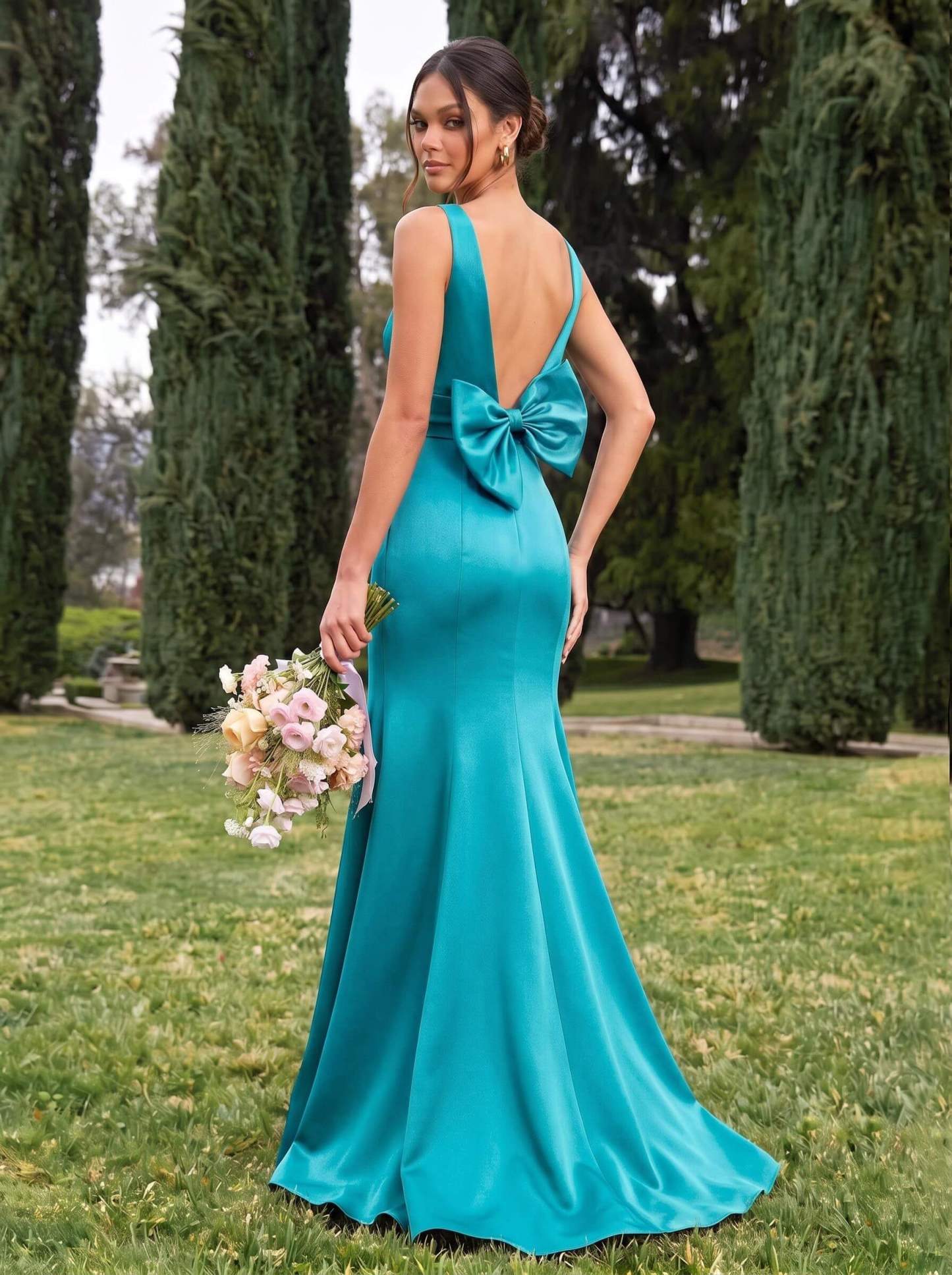 Trumpet/Mermaid Sleeveless Sweep Train Satin Bridesmaid Dresses With Bow(s), product image 19