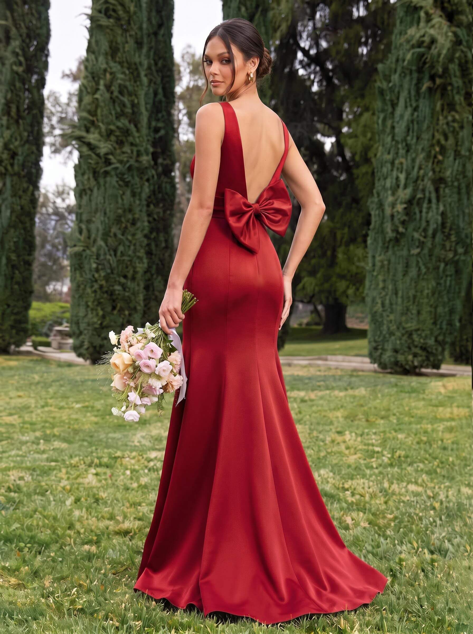 Trumpet/Mermaid Sleeveless Sweep Train Satin Bridesmaid Dresses With Bow(s), product image 35