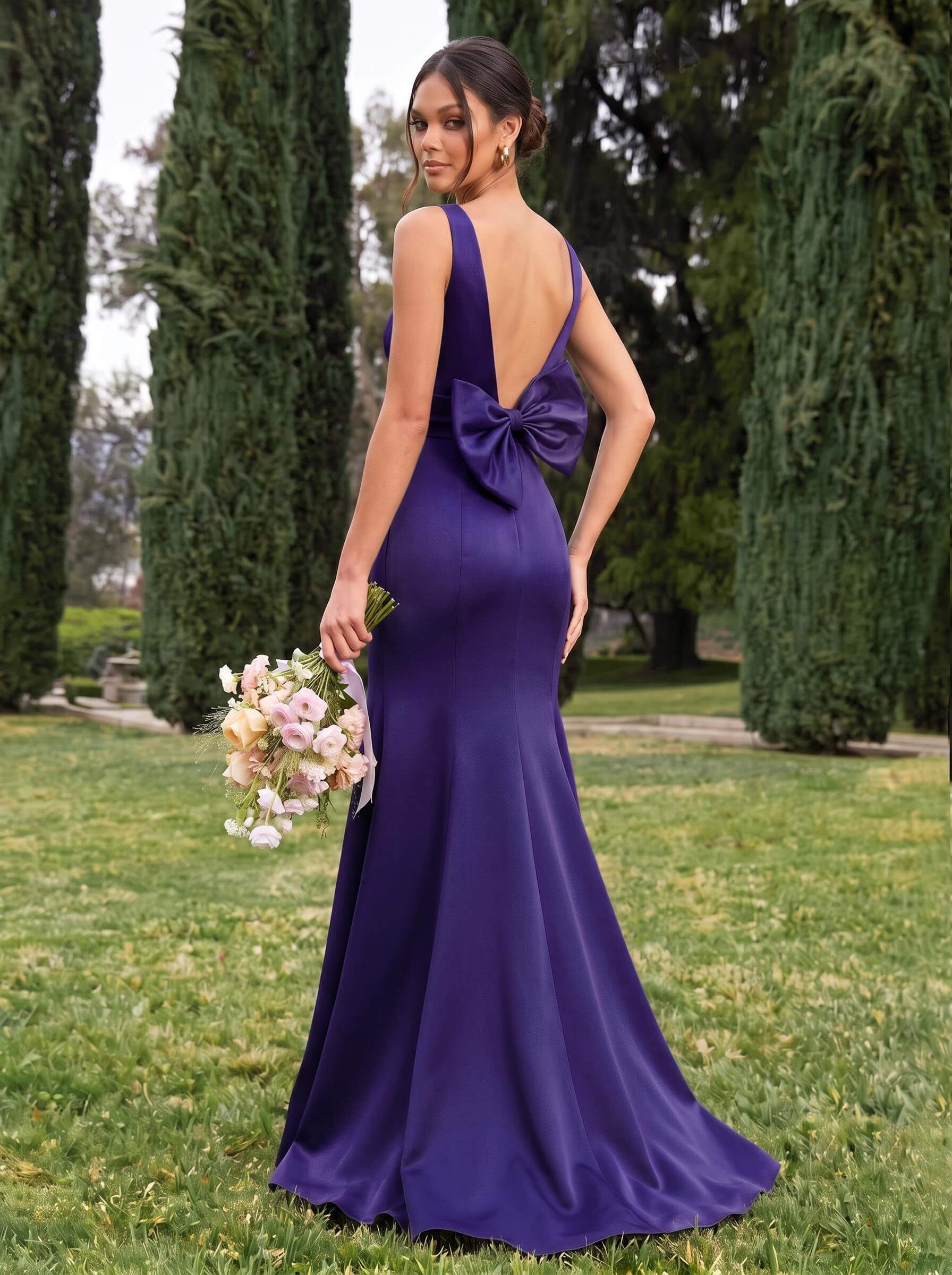 Trumpet/Mermaid Sleeveless Sweep Train Satin Bridesmaid Dresses With Bow(s), product image 75