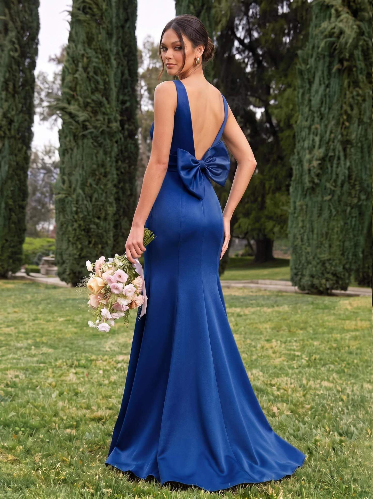 Trumpet/Mermaid Sleeveless Sweep Train Satin Bridesmaid Dresses With Bow(s), product image 15