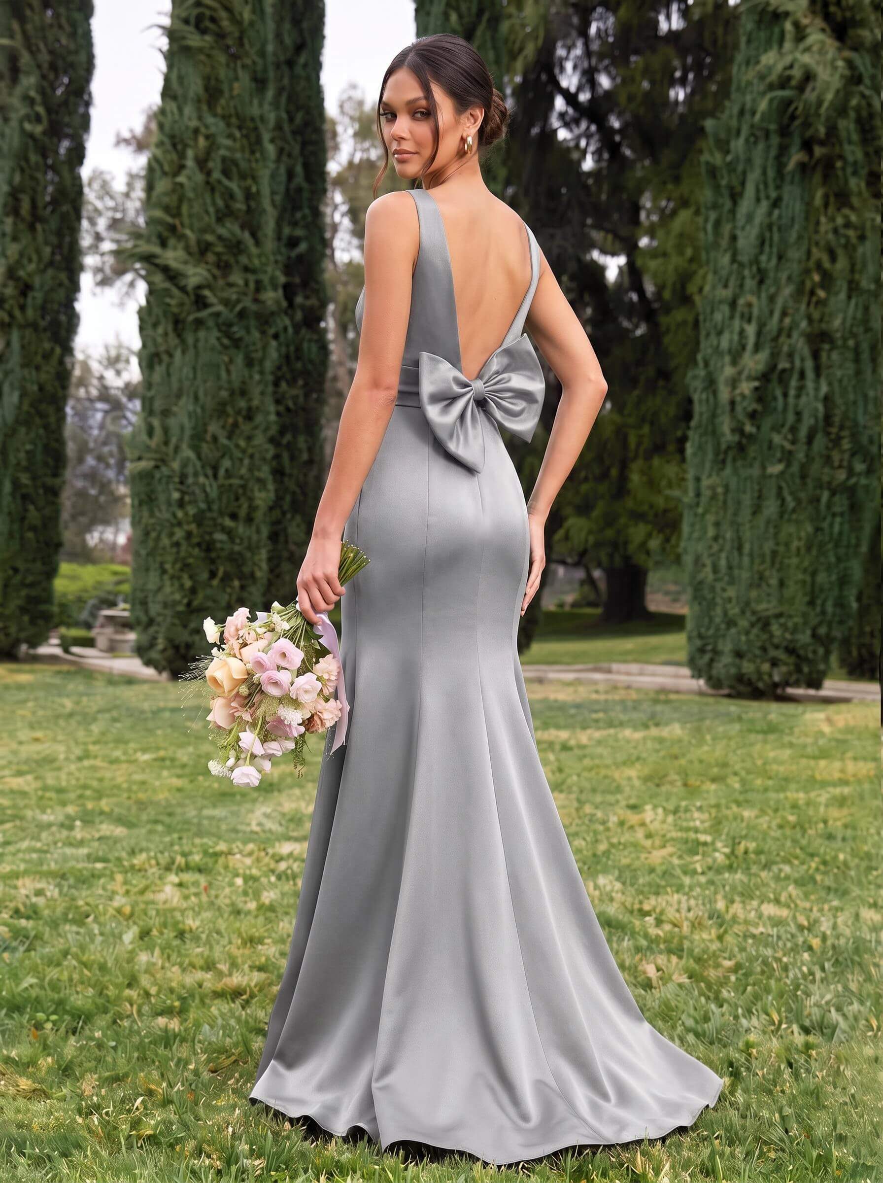 Trumpet/Mermaid Sleeveless Sweep Train Satin Bridesmaid Dresses With Bow(s), product image 109