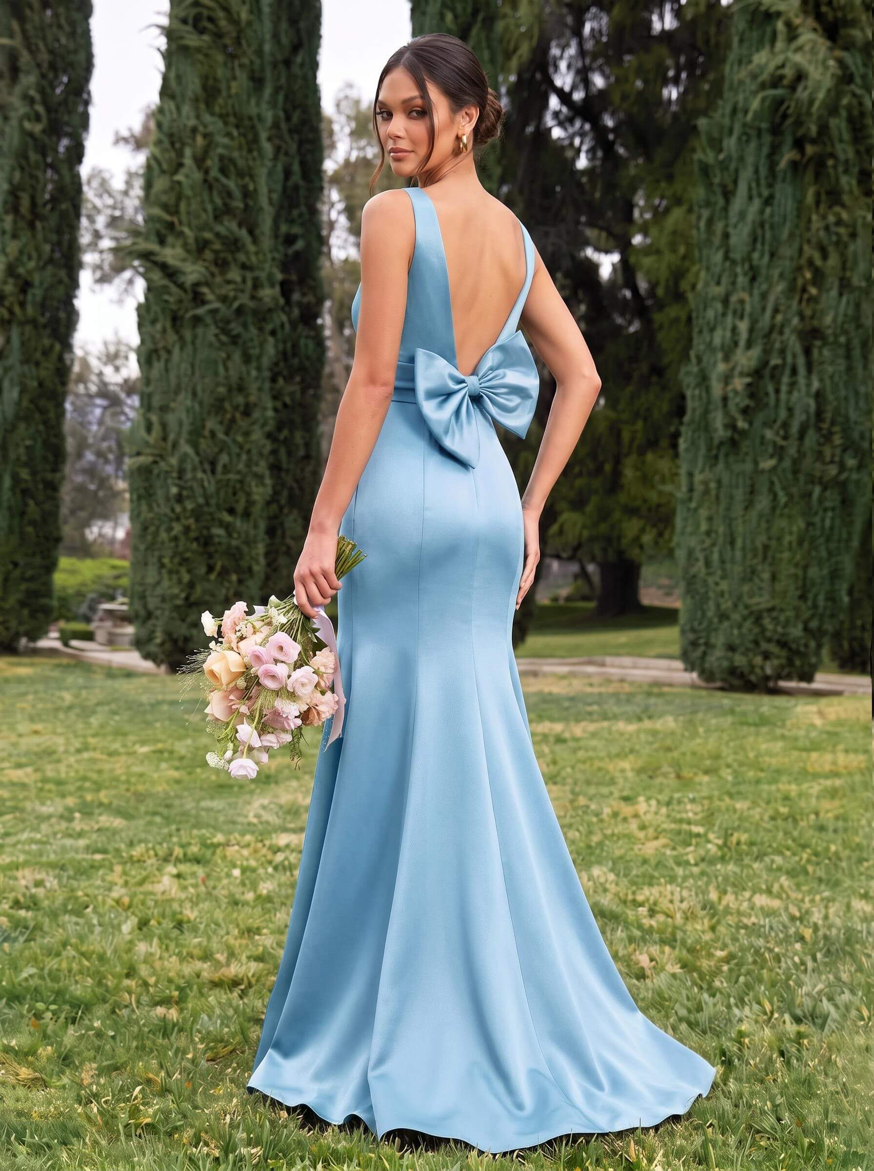 Trumpet/Mermaid Sleeveless Sweep Train Satin Bridesmaid Dresses With Bow(s), product image 23