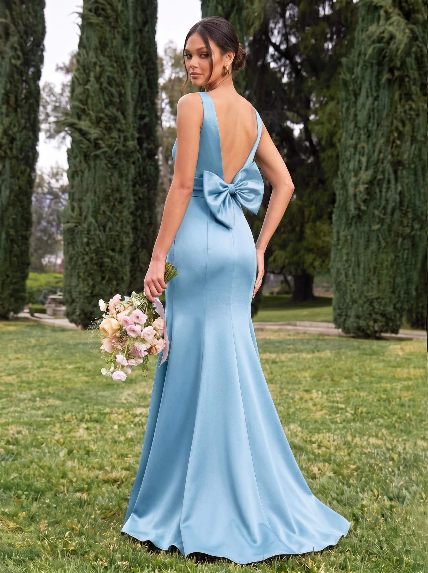 Trumpet/Mermaid Sleeveless Sweep Train Satin Bridesmaid Dresses With Bow(s), product image 23