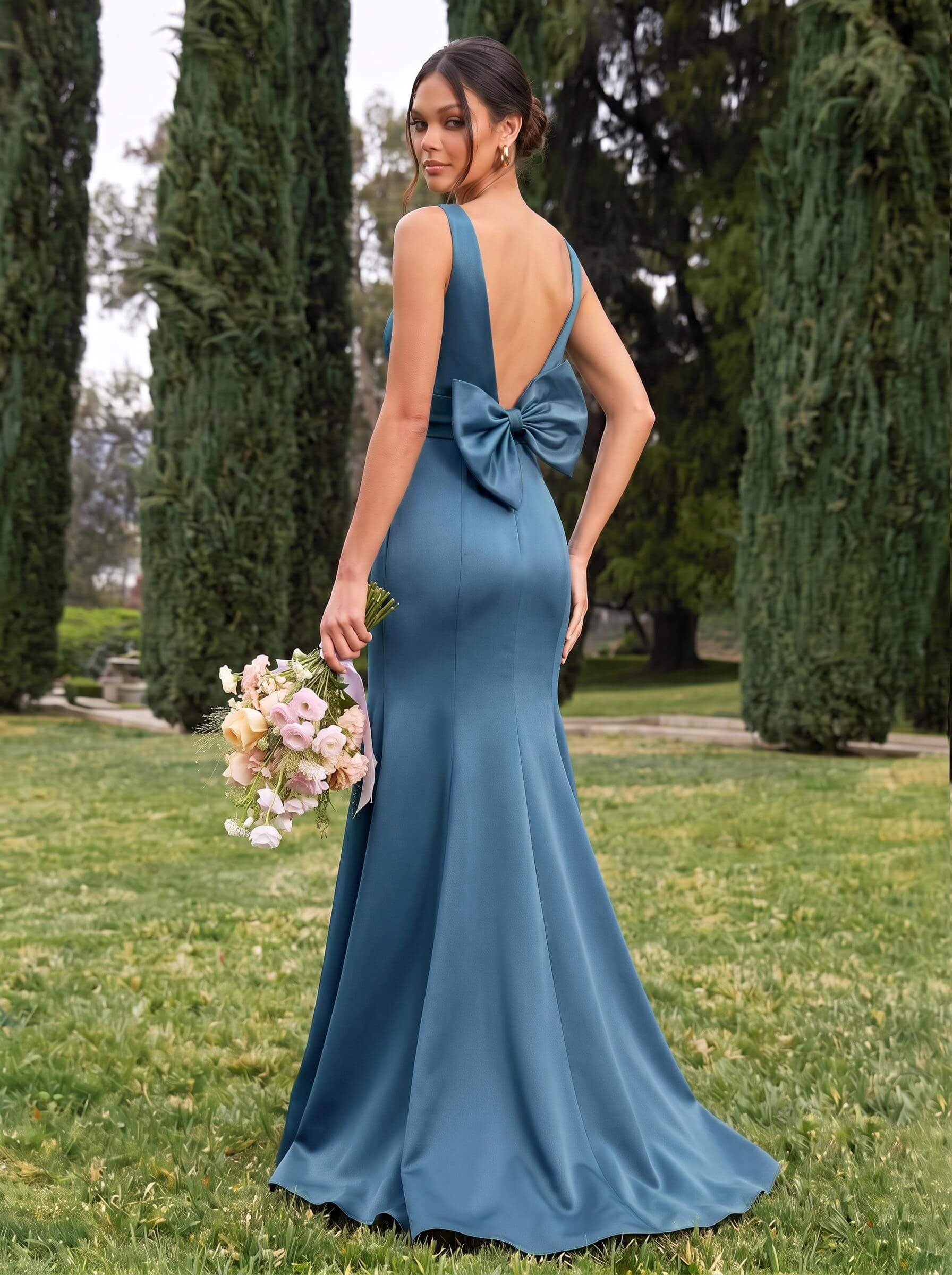 Trumpet/Mermaid Sleeveless Sweep Train Satin Bridesmaid Dresses With Bow(s), product image 9