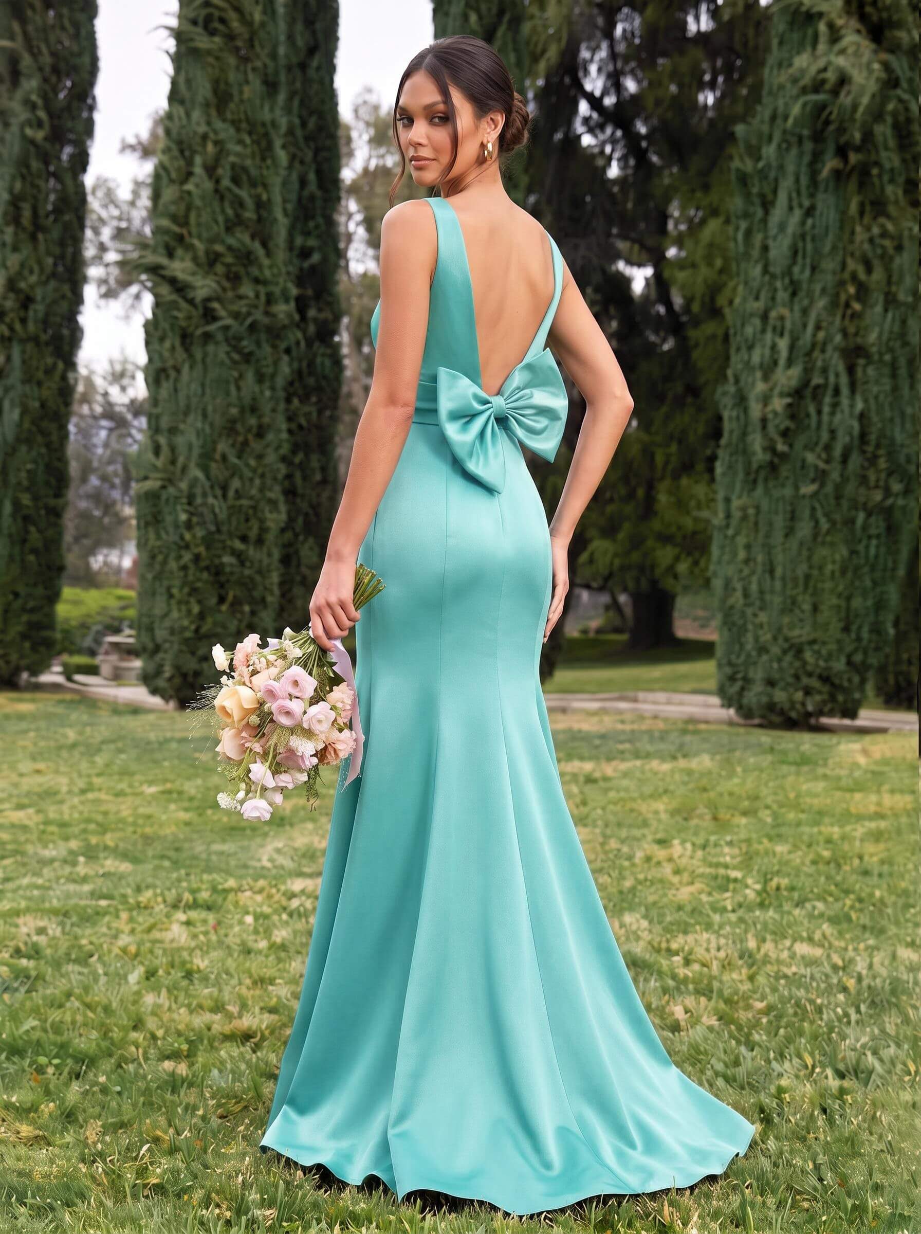 Trumpet/Mermaid Sleeveless Sweep Train Satin Bridesmaid Dresses With Bow(s), product image 89