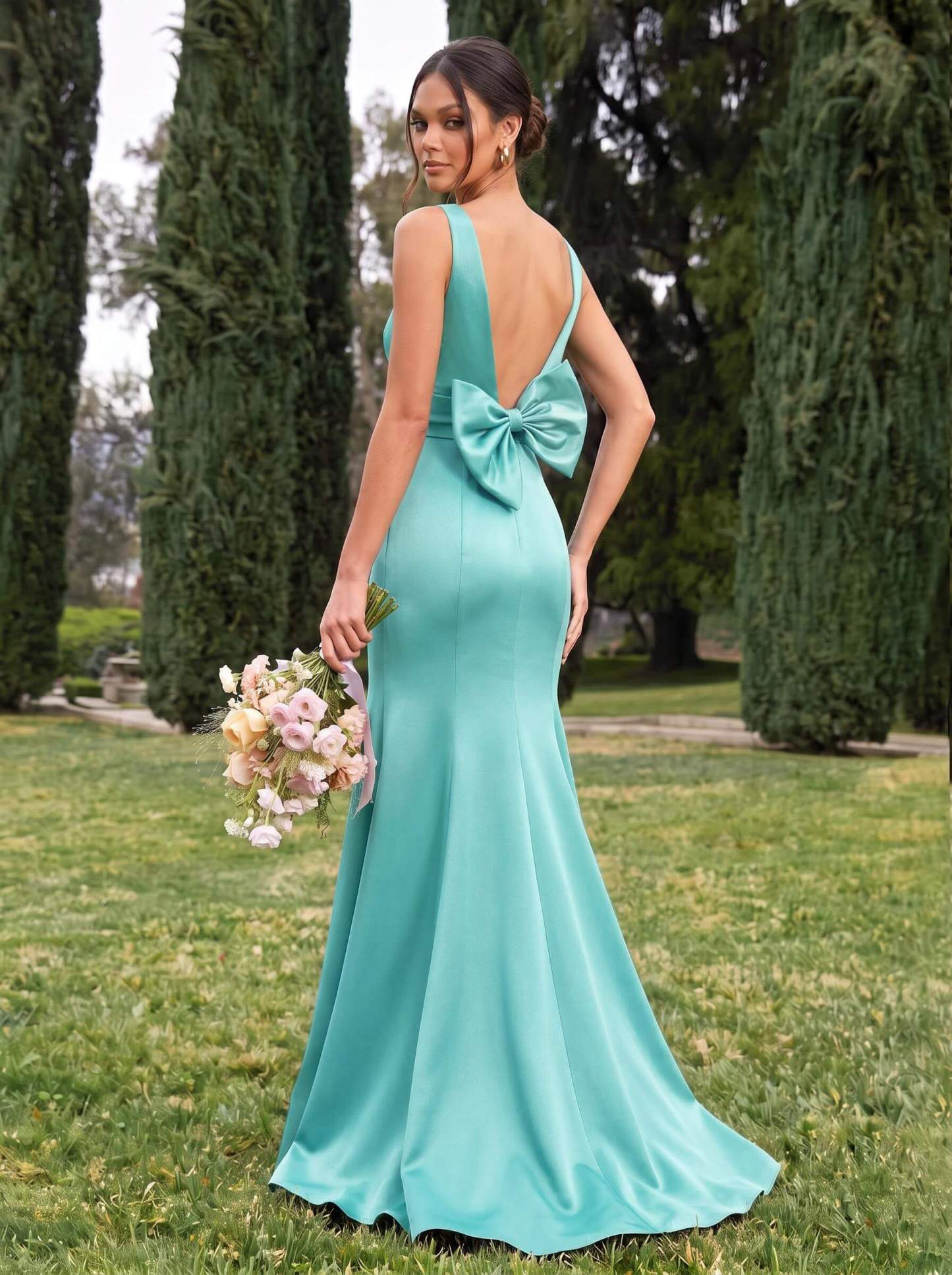 Trumpet/Mermaid Sleeveless Sweep Train Satin Bridesmaid Dresses With Bow(s), product image 89