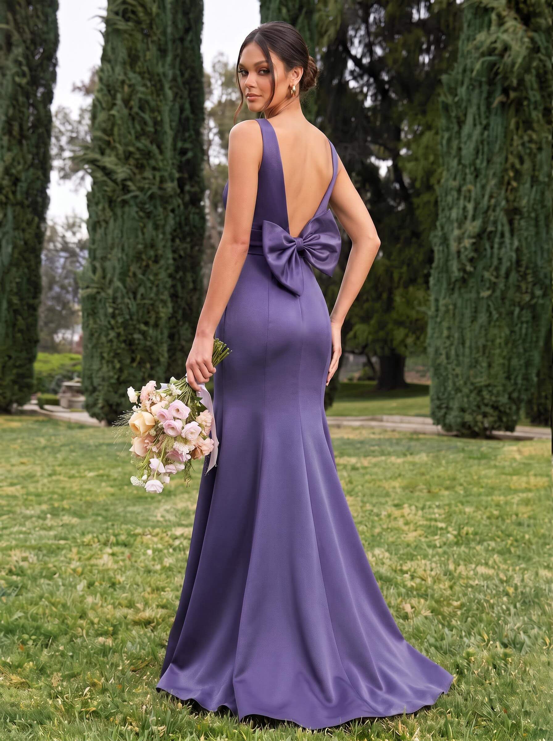 Trumpet/Mermaid Sleeveless Sweep Train Satin Bridesmaid Dresses With Bow(s), product image 67