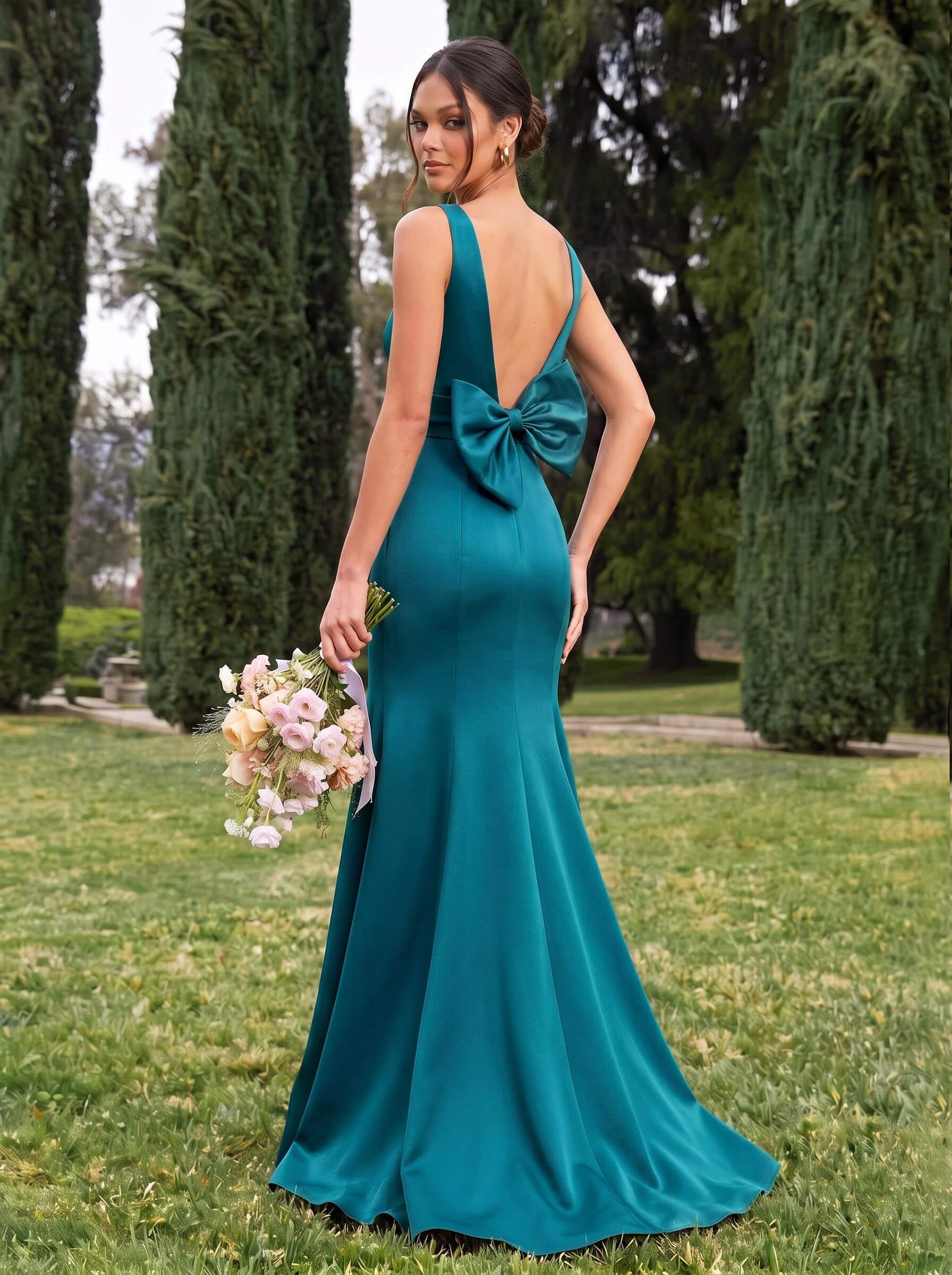 Trumpet/Mermaid Sleeveless Sweep Train Satin Bridesmaid Dresses With Bow(s), product image 135