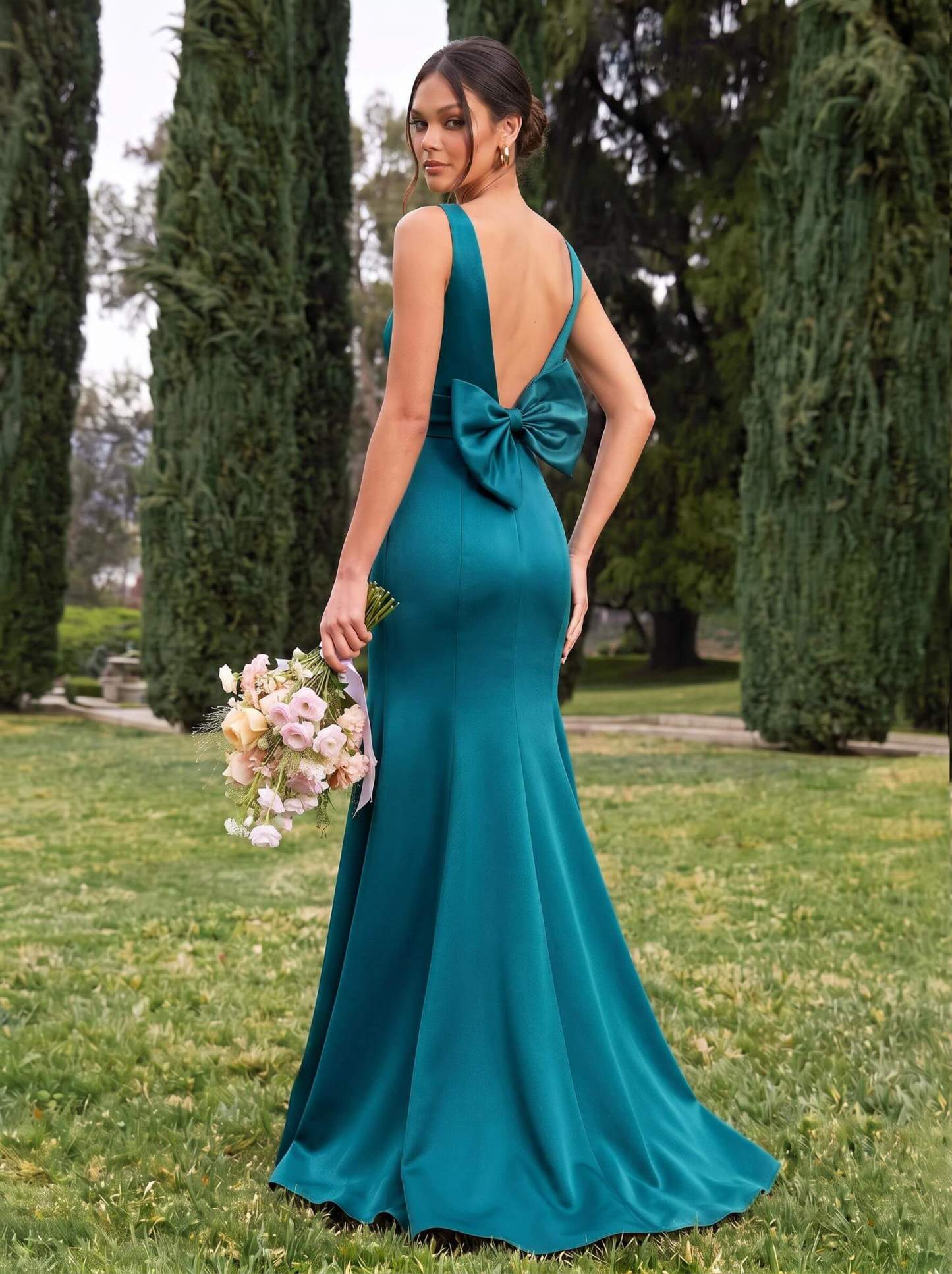 Trumpet/Mermaid Sleeveless Sweep Train Satin Bridesmaid Dresses With Bow(s), product image 135