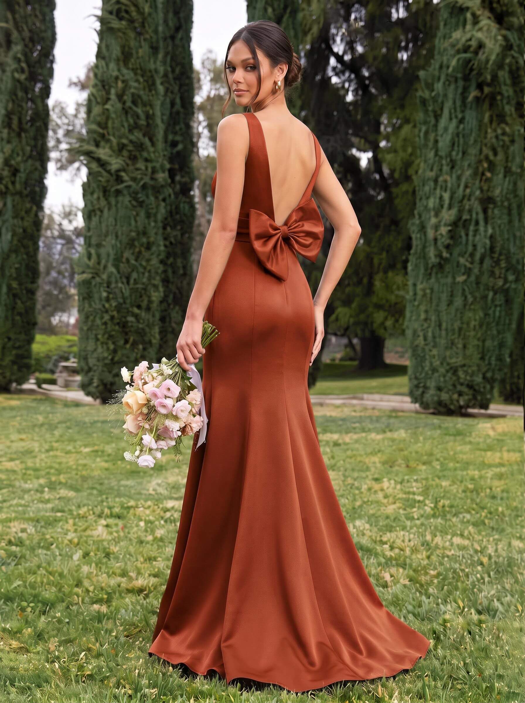 Trumpet/Mermaid Sleeveless Sweep Train Satin Bridesmaid Dresses With Bow(s), product image 133