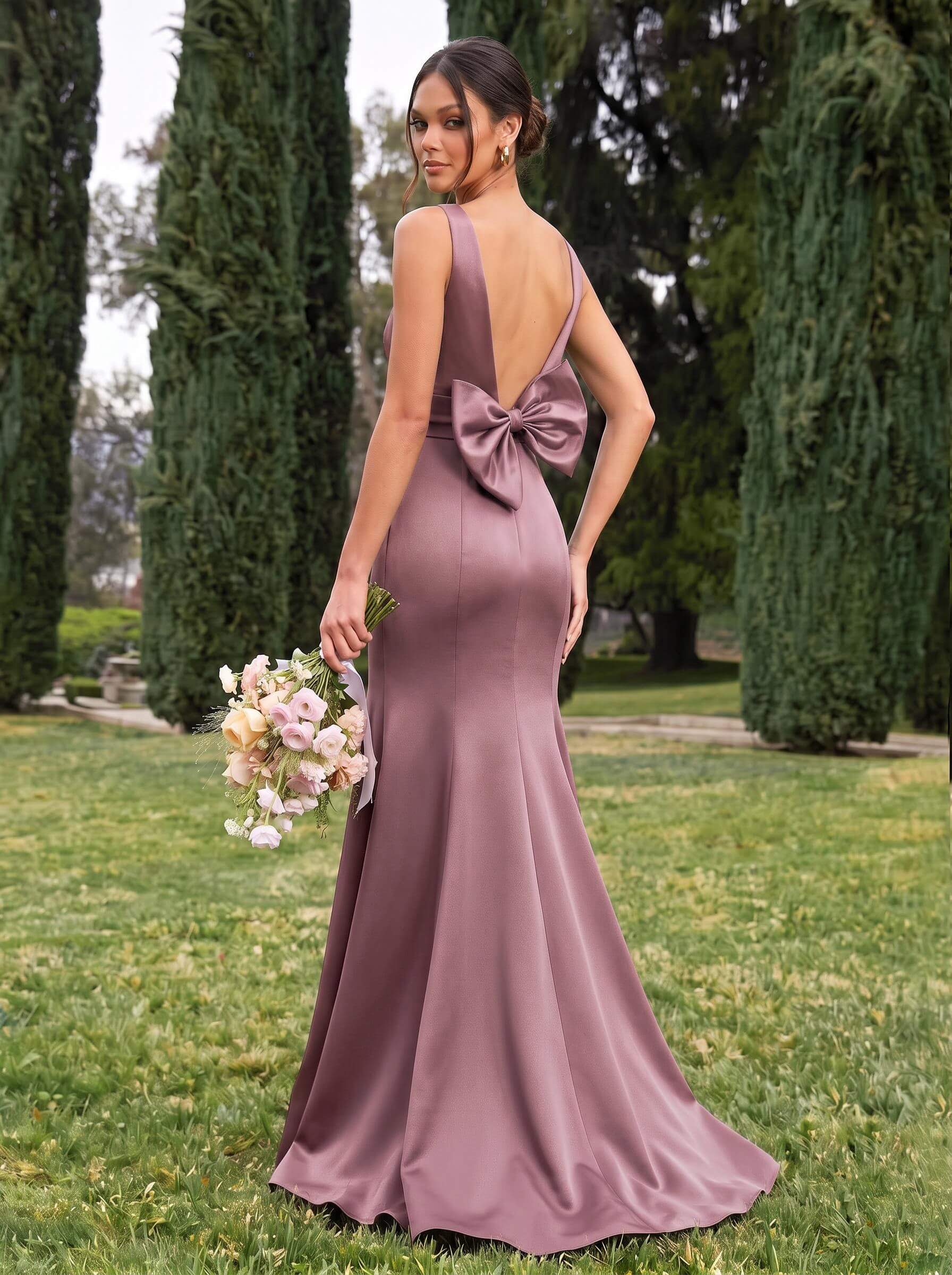 Trumpet/Mermaid Sleeveless Sweep Train Satin Bridesmaid Dresses With Bow(s), product image 59
