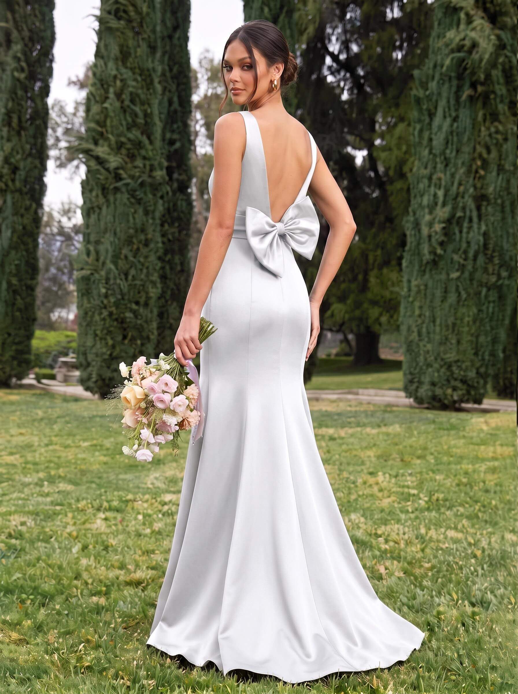 Trumpet/Mermaid Sleeveless Sweep Train Satin Bridesmaid Dresses With Bow(s), product image 107