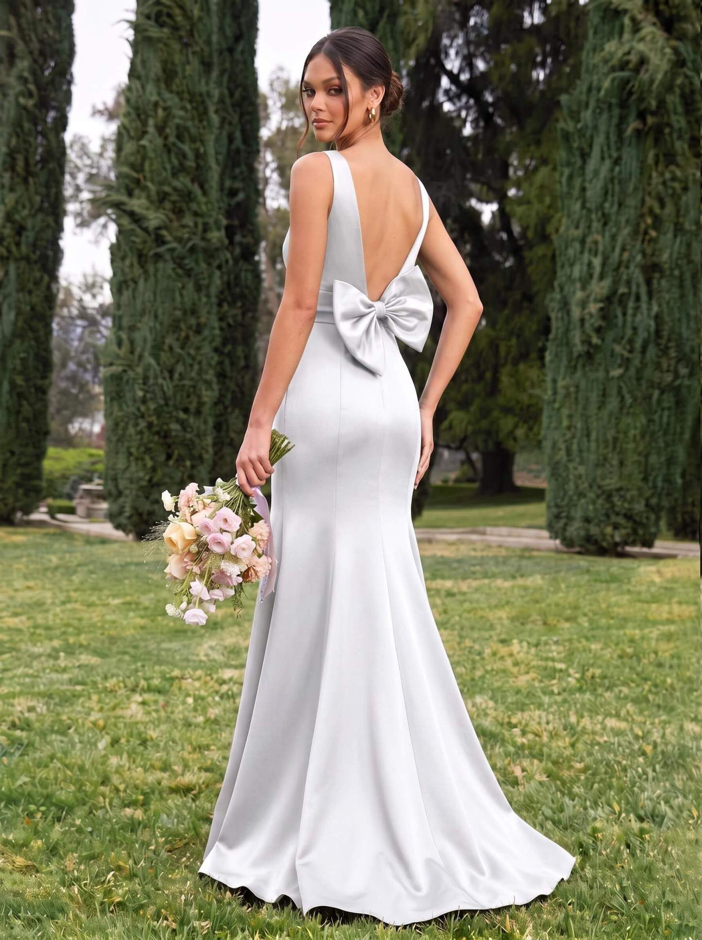 Trumpet/Mermaid Sleeveless Sweep Train Satin Bridesmaid Dresses With Bow(s), product image 107