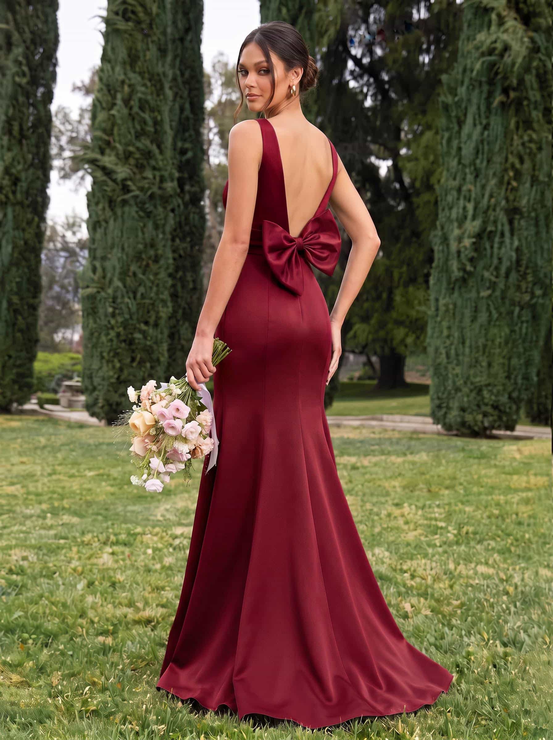 Trumpet/Mermaid Sleeveless Sweep Train Satin Bridesmaid Dresses With Bow(s), product image 29