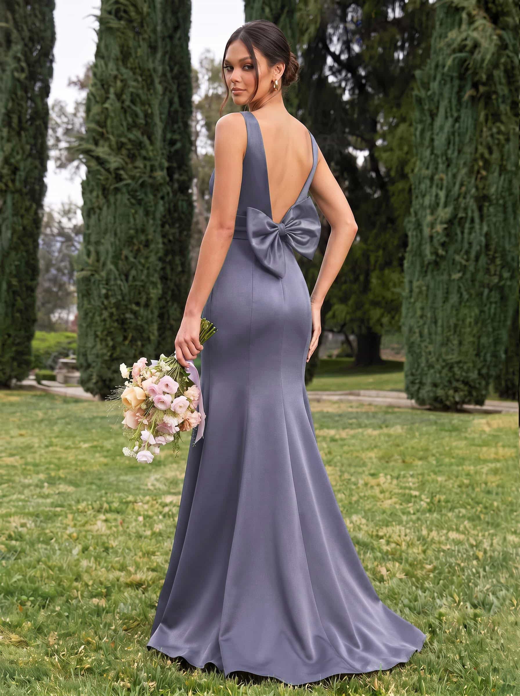 Trumpet/Mermaid Sleeveless Sweep Train Satin Bridesmaid Dresses With Bow(s), product image 11