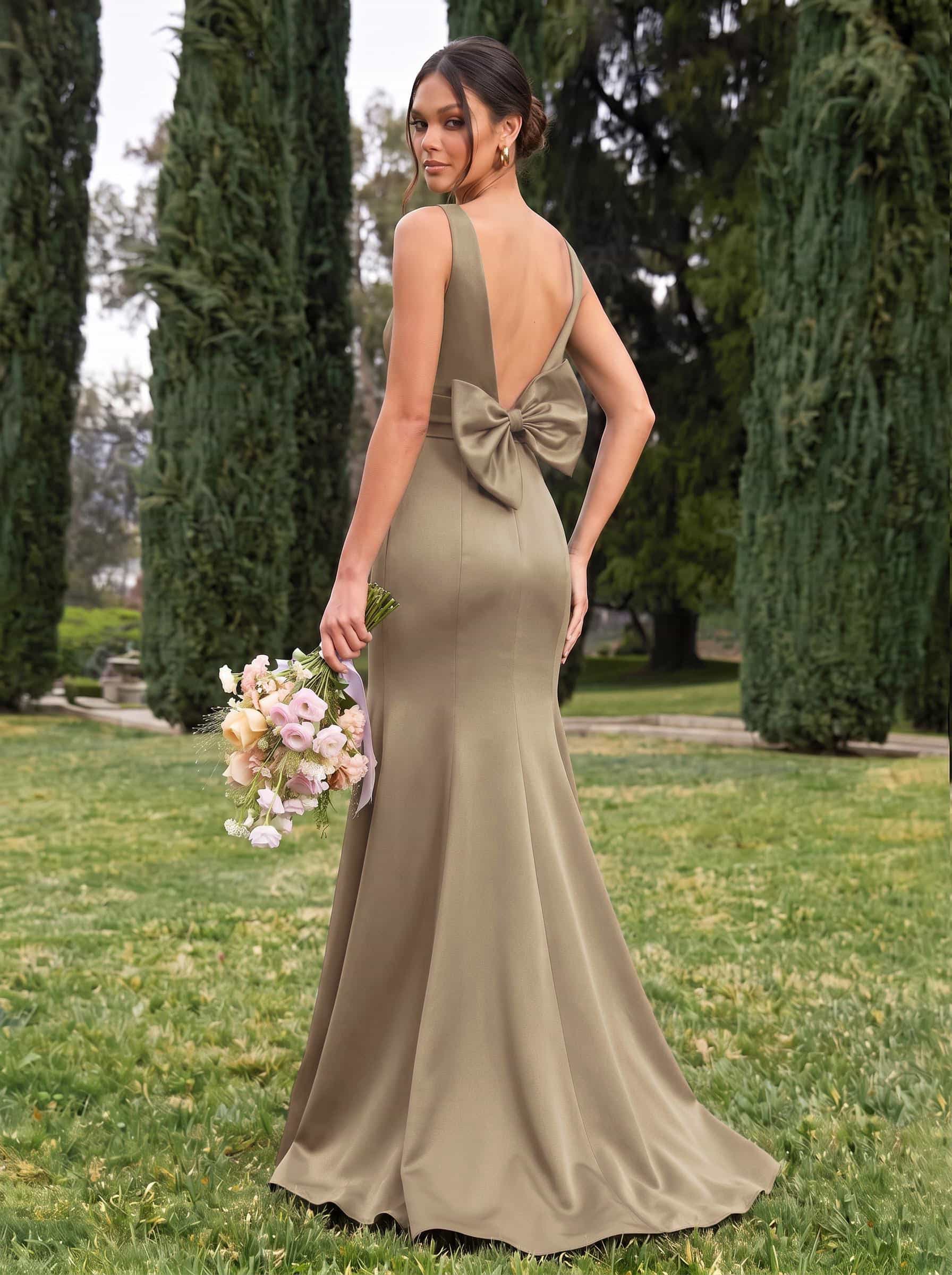 Trumpet/Mermaid Sleeveless Sweep Train Satin Bridesmaid Dresses With Bow(s), product image 93