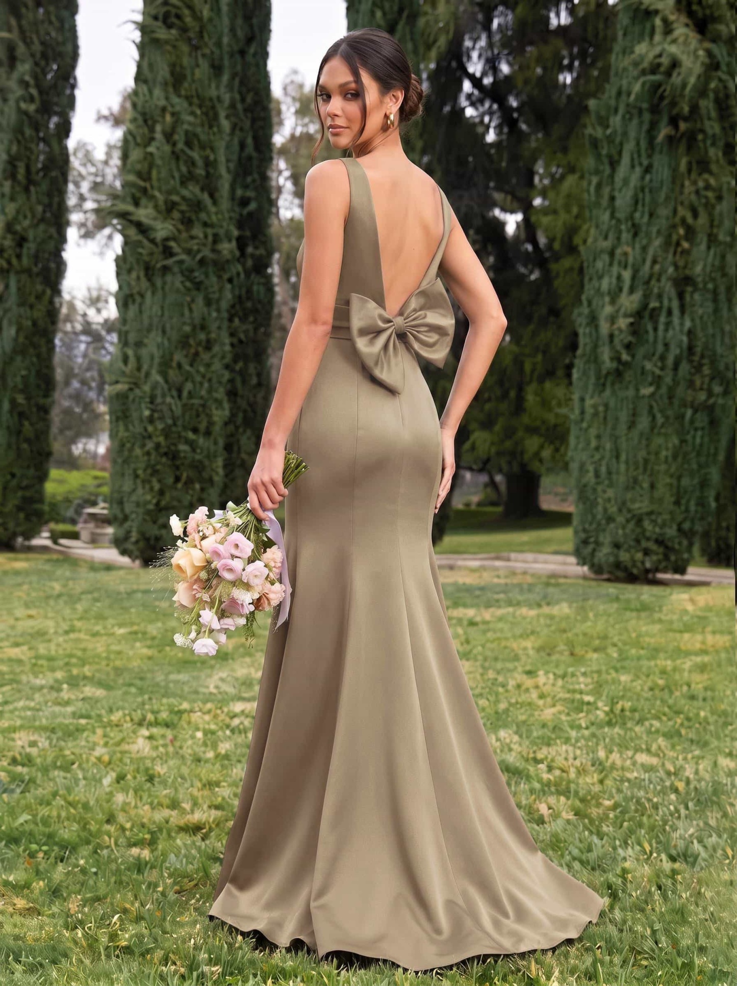 Trumpet/Mermaid Sleeveless Sweep Train Satin Bridesmaid Dresses With Bow(s), product image 93