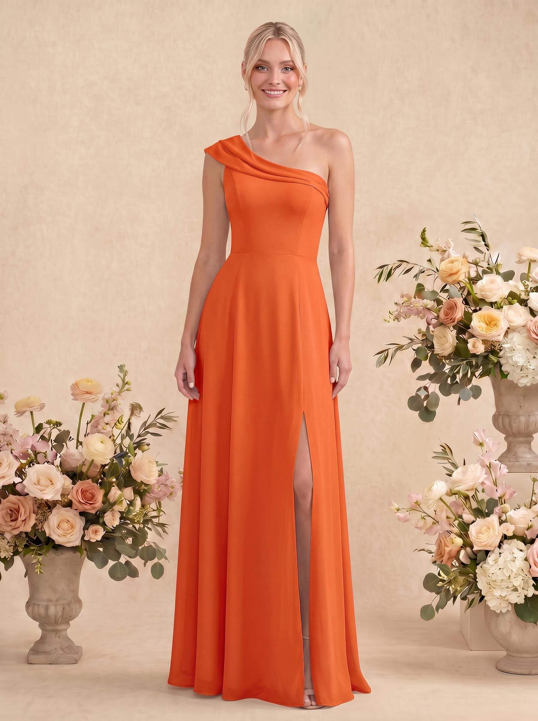 Elegant A-Line One-Shoulder Floor-Length Chiffon Bridesmaid Dresses With High Split, image 15