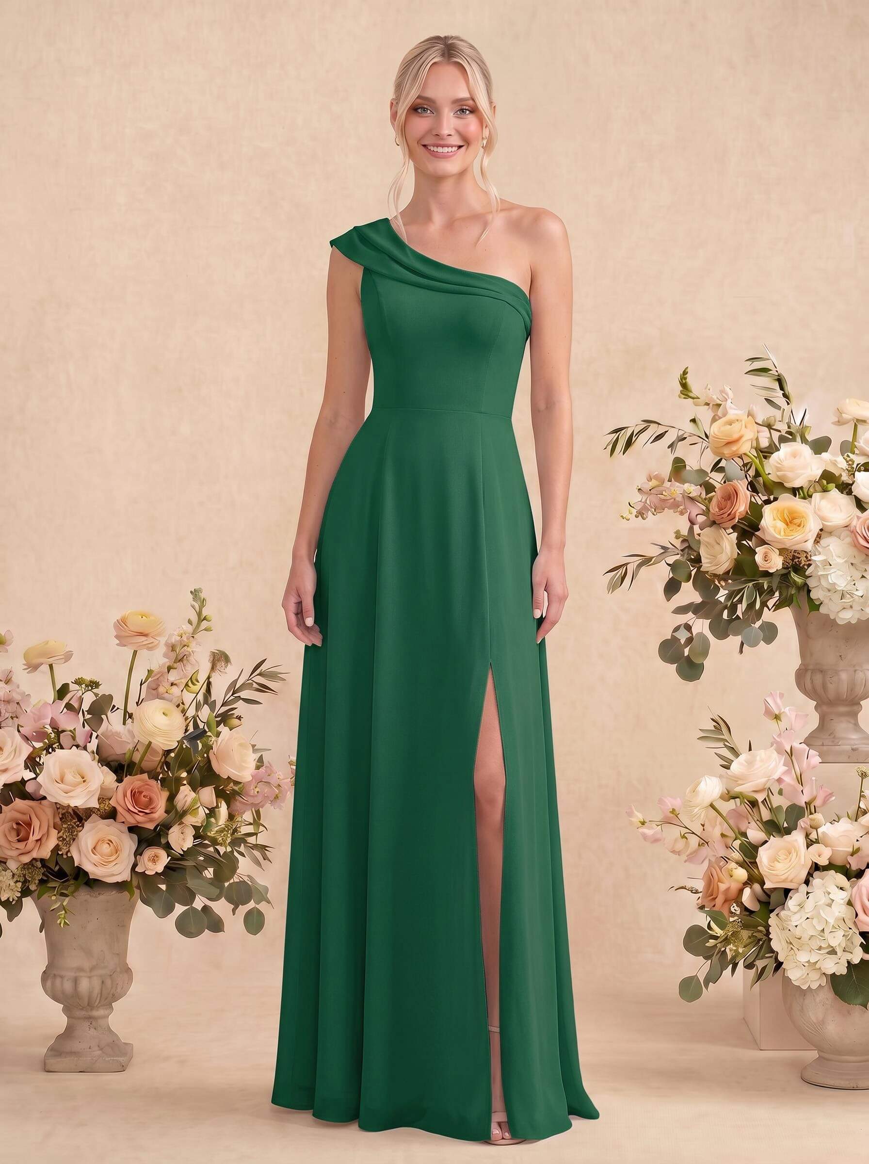 Elegant A-Line One-Shoulder Floor-Length Chiffon Bridesmaid Dresses With High Split, image 9
