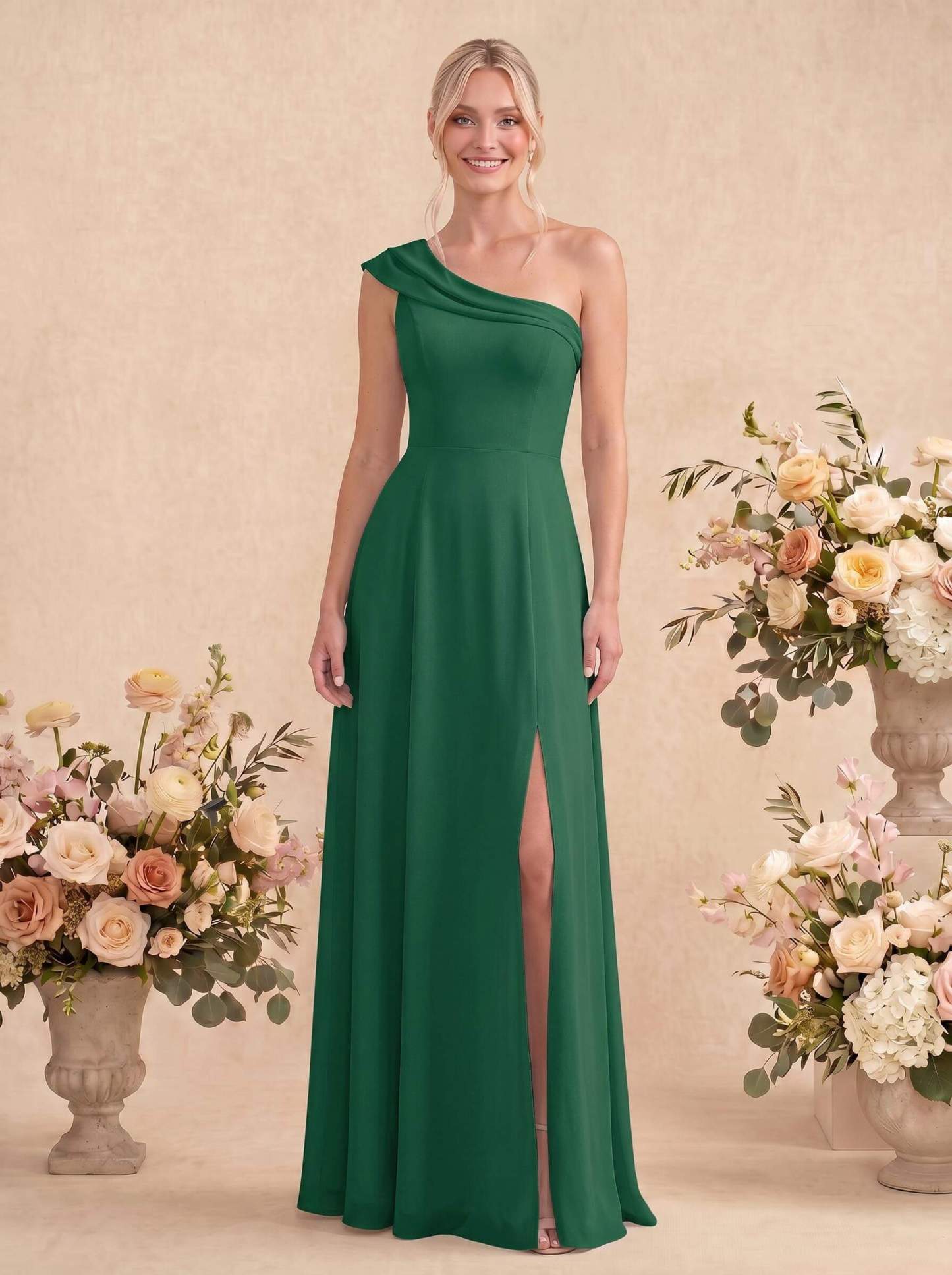 Elegant A-Line One-Shoulder Floor-Length Chiffon Bridesmaid Dresses With High Split, image 9