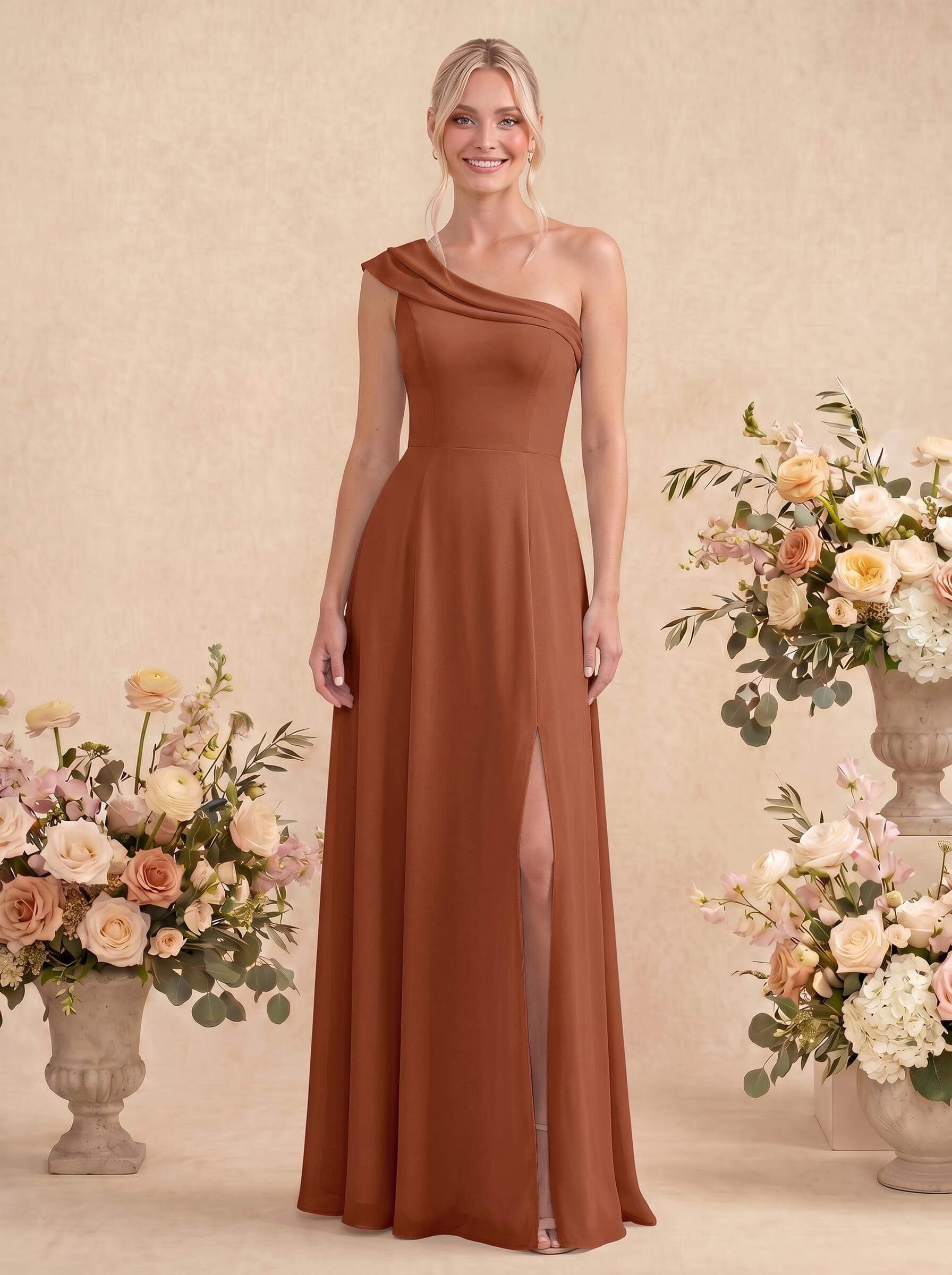 Elegant A-Line One-Shoulder Floor-Length Chiffon Bridesmaid Dresses With High Split, image 5