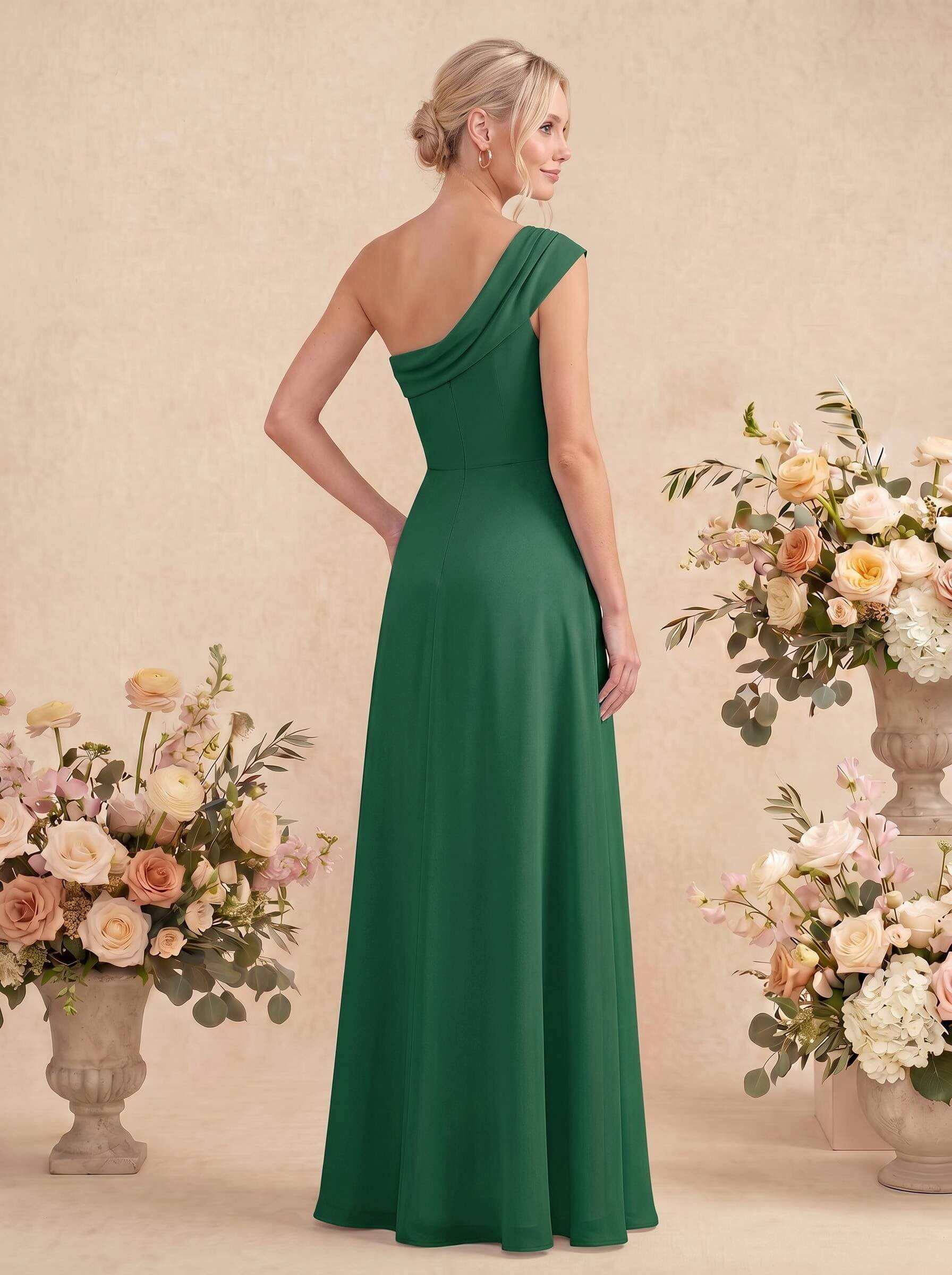 Elegant A-Line One-Shoulder Floor-Length Chiffon Bridesmaid Dresses With High Split, image 10