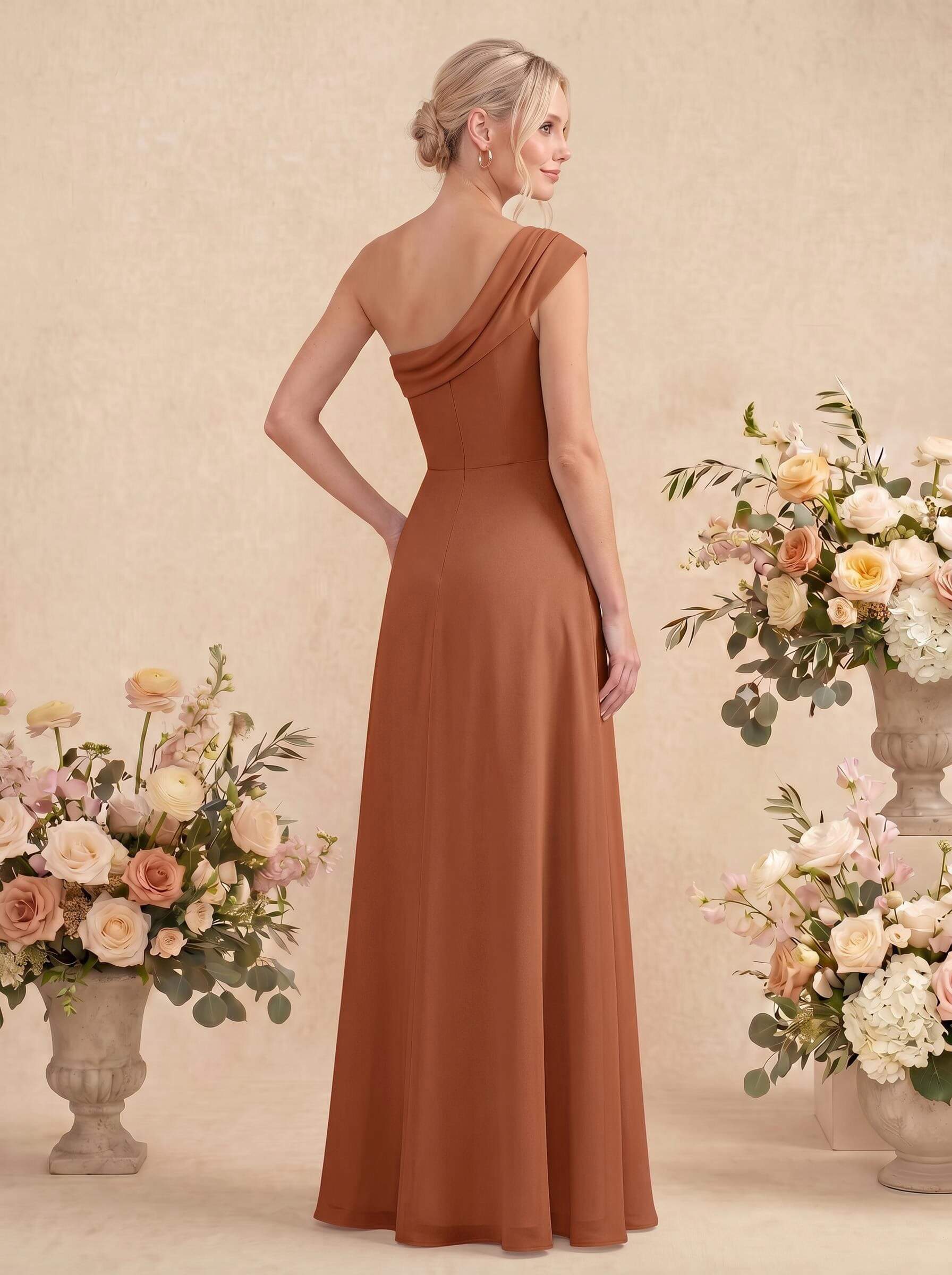 Elegant A-Line One-Shoulder Floor-Length Chiffon Bridesmaid Dresses With High Split, image 6