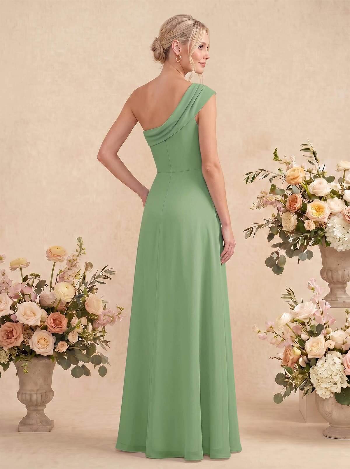 Elegant A-Line One-Shoulder Floor-Length Chiffon Bridesmaid Dresses With High Split, image 8