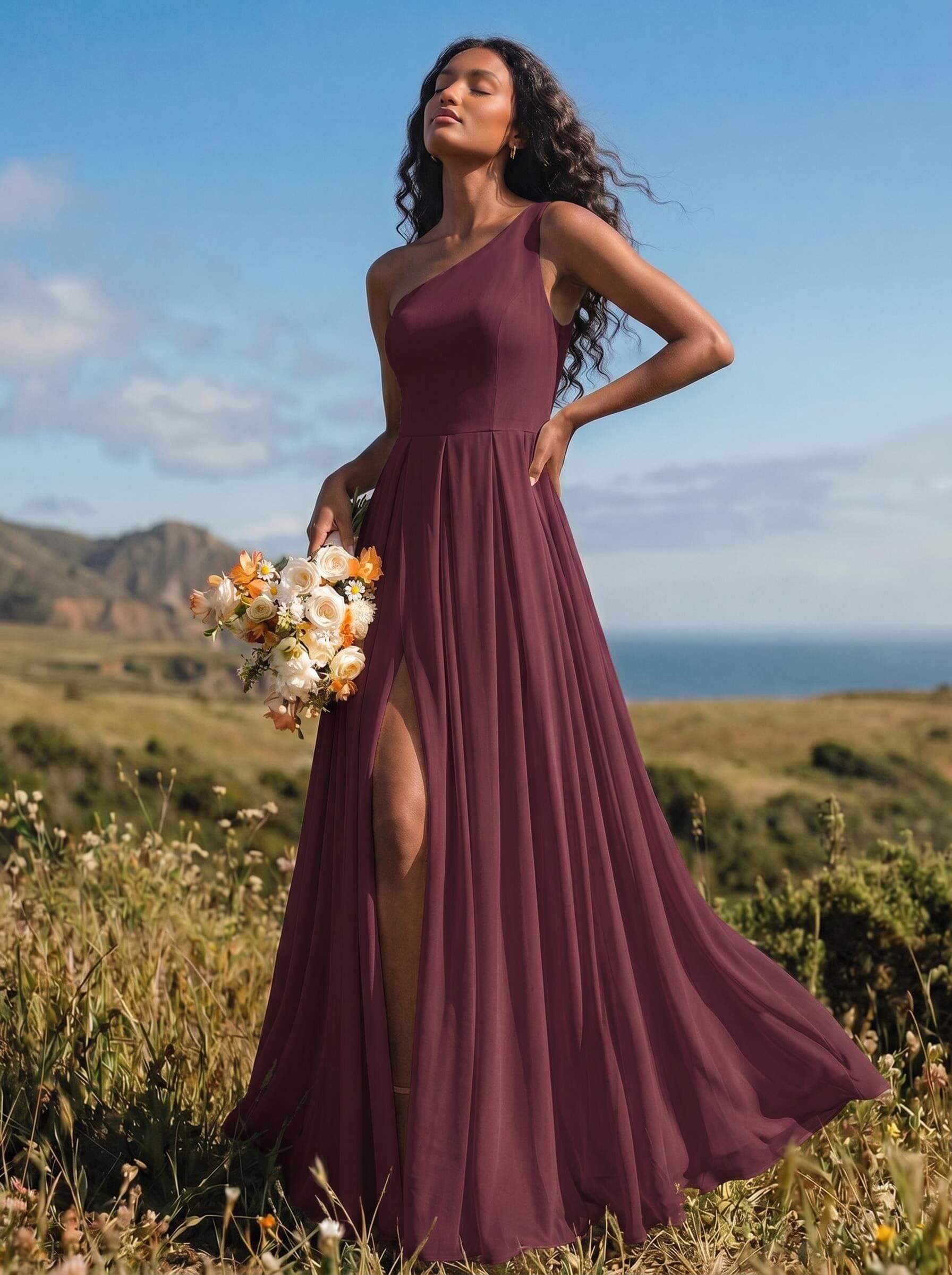 A-Line One-Shoulder Sleeveless Floor-Length Chiffon Bridesmaid Dresses With High Split