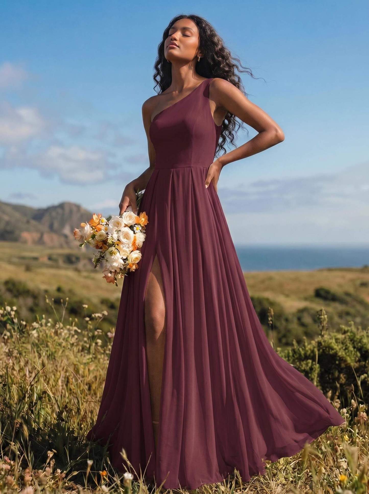 A-Line One-Shoulder Sleeveless Floor-Length Chiffon Bridesmaid Dresses With High Split