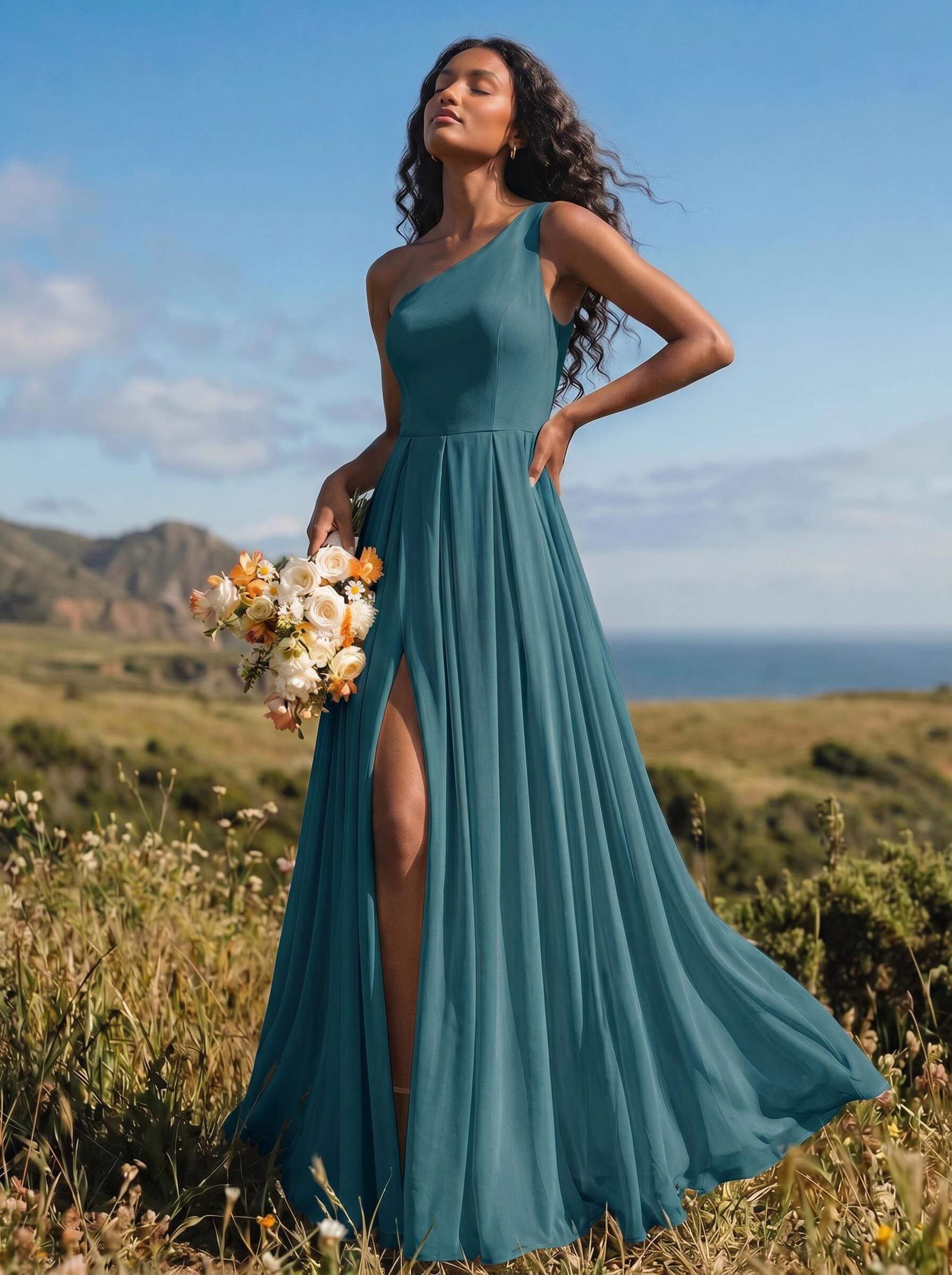 A-Line One-Shoulder Sleeveless Floor-Length Chiffon Bridesmaid Dresses With High Split