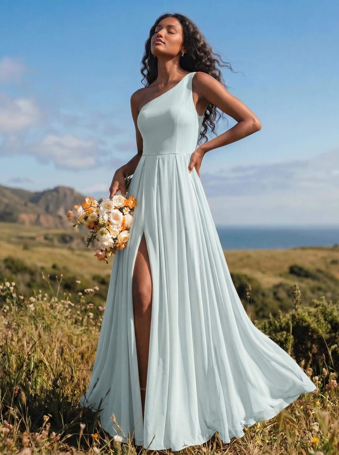 A-Line One-Shoulder Sleeveless Floor-Length Chiffon Bridesmaid Dresses With High Split