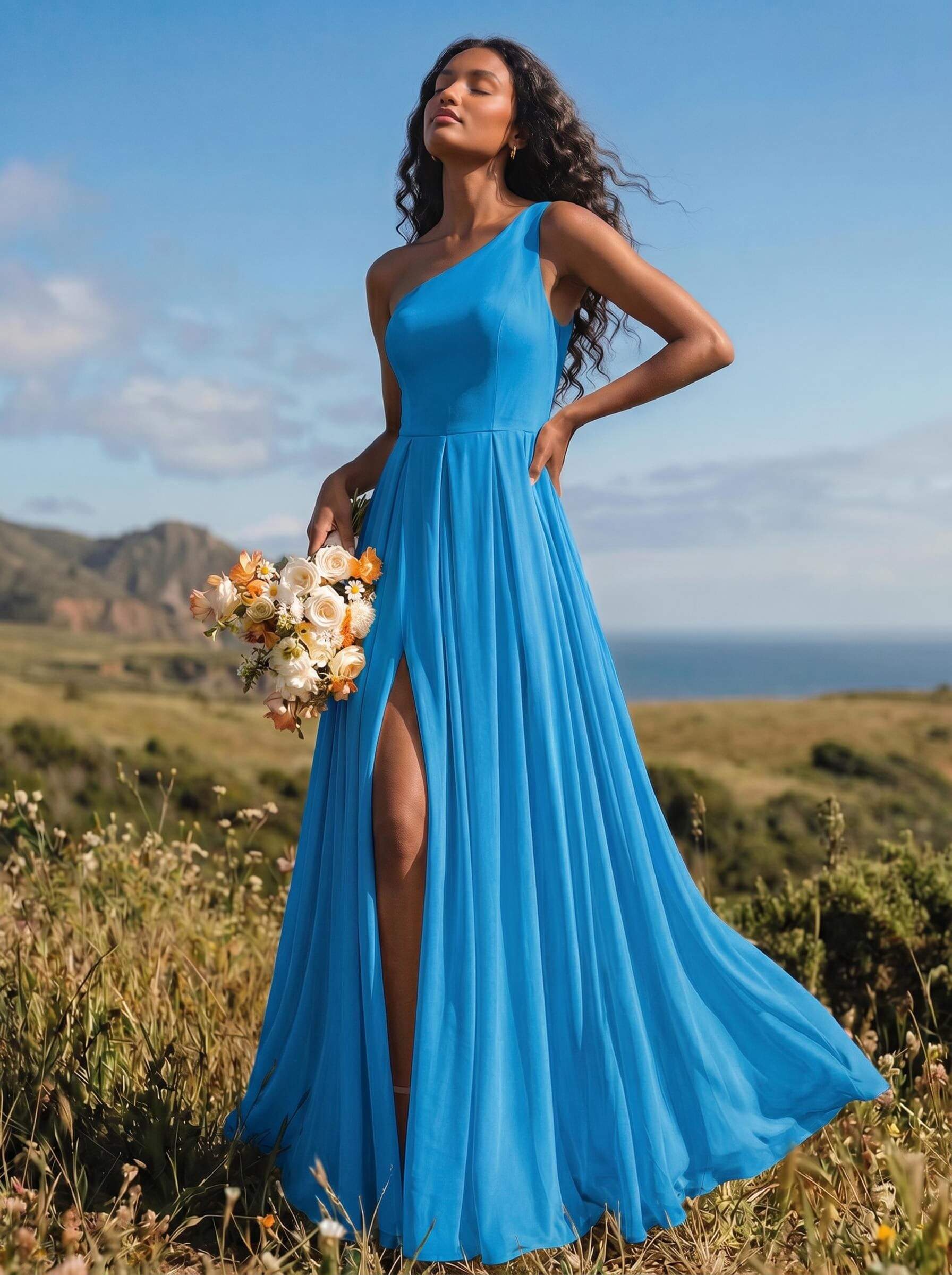 A-Line One-Shoulder Sleeveless Floor-Length Chiffon Bridesmaid Dresses With High Split