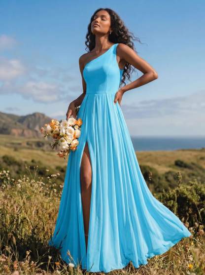 A-Line One-Shoulder Sleeveless Floor-Length Chiffon Bridesmaid Dresses With High Split