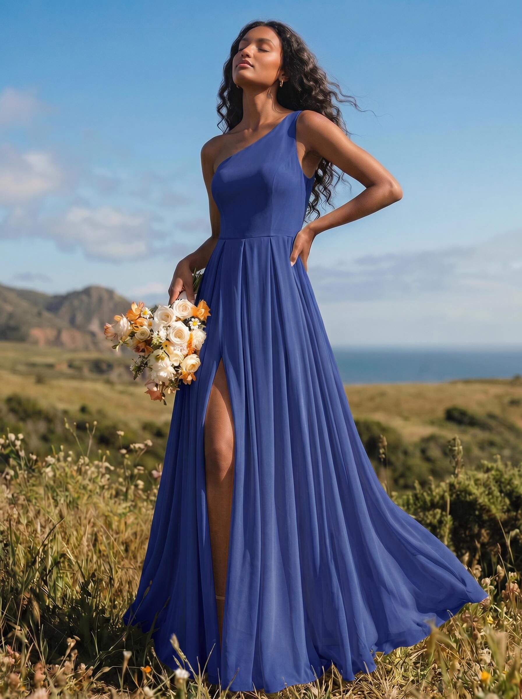 A-Line One-Shoulder Sleeveless Floor-Length Chiffon Bridesmaid Dresses With High Split