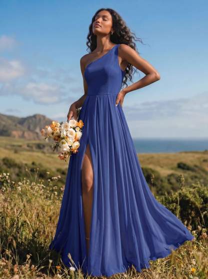 A-Line One-Shoulder Sleeveless Floor-Length Chiffon Bridesmaid Dresses With High Split
