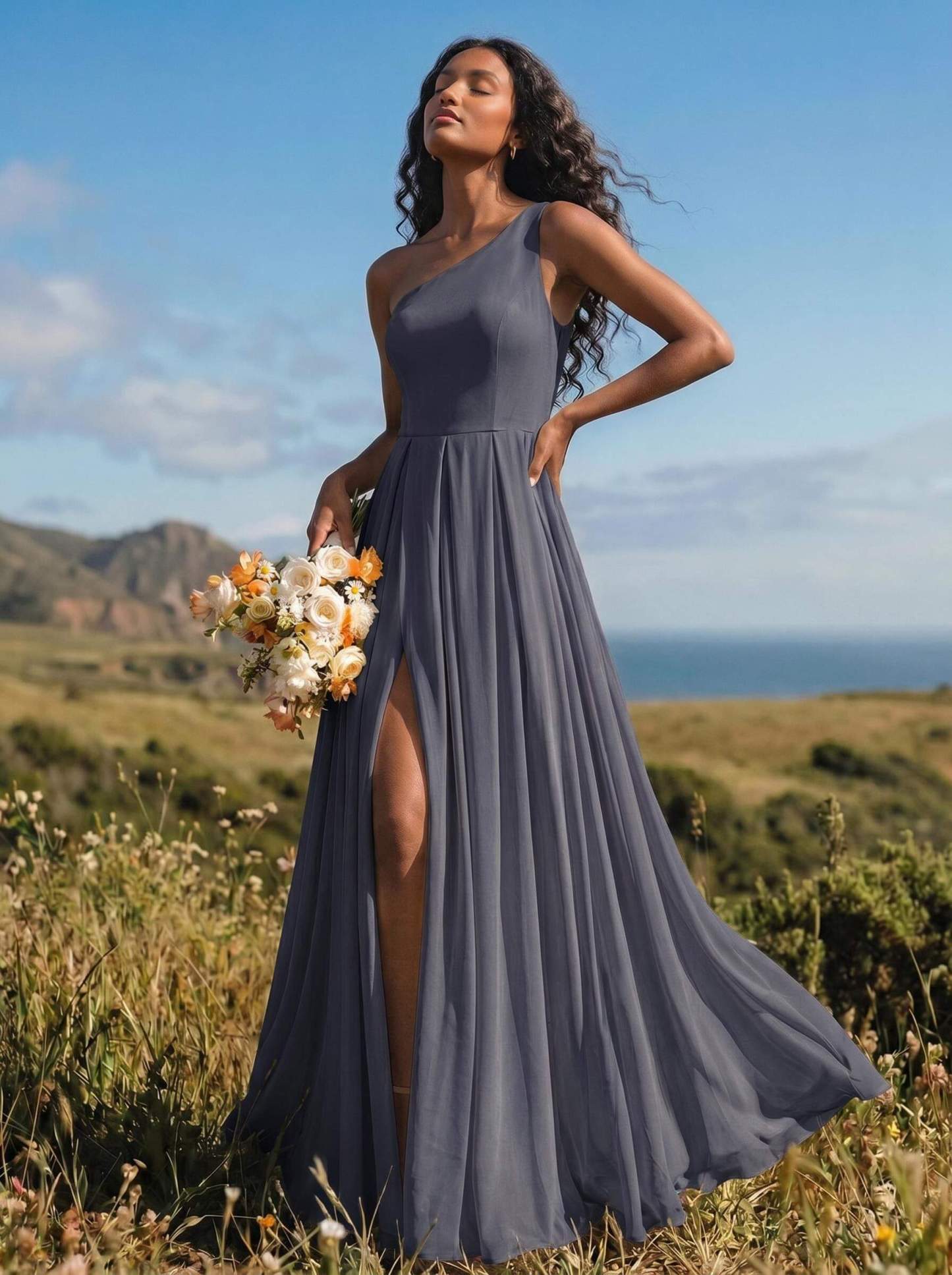 A-Line One-Shoulder Sleeveless Floor-Length Chiffon Bridesmaid Dresses With High Split