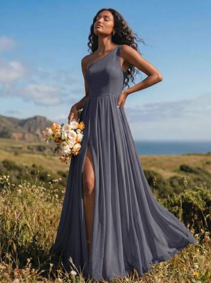 A-Line One-Shoulder Sleeveless Floor-Length Chiffon Bridesmaid Dresses With High Split