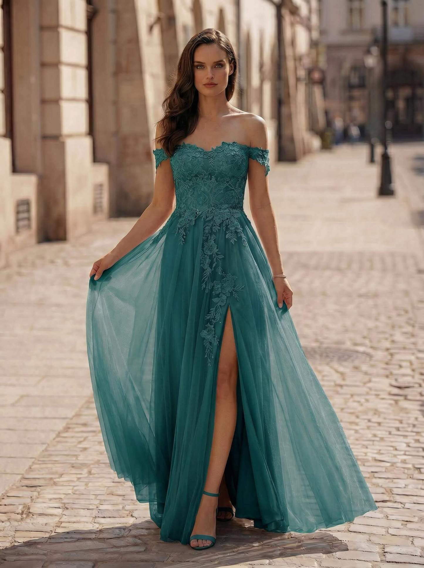 A-Line Off-The-Shoulder Sleeveless Lace/Tulle Bridesmaid Dresses With Split Front, image 9