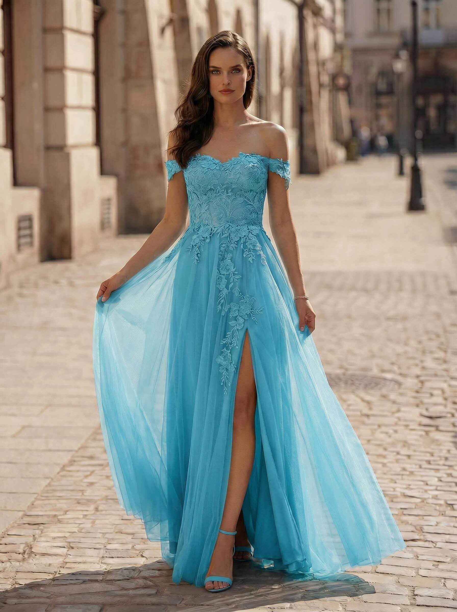 A-Line Off-The-Shoulder Sleeveless Lace/Tulle Bridesmaid Dresses With Split Front, image 13