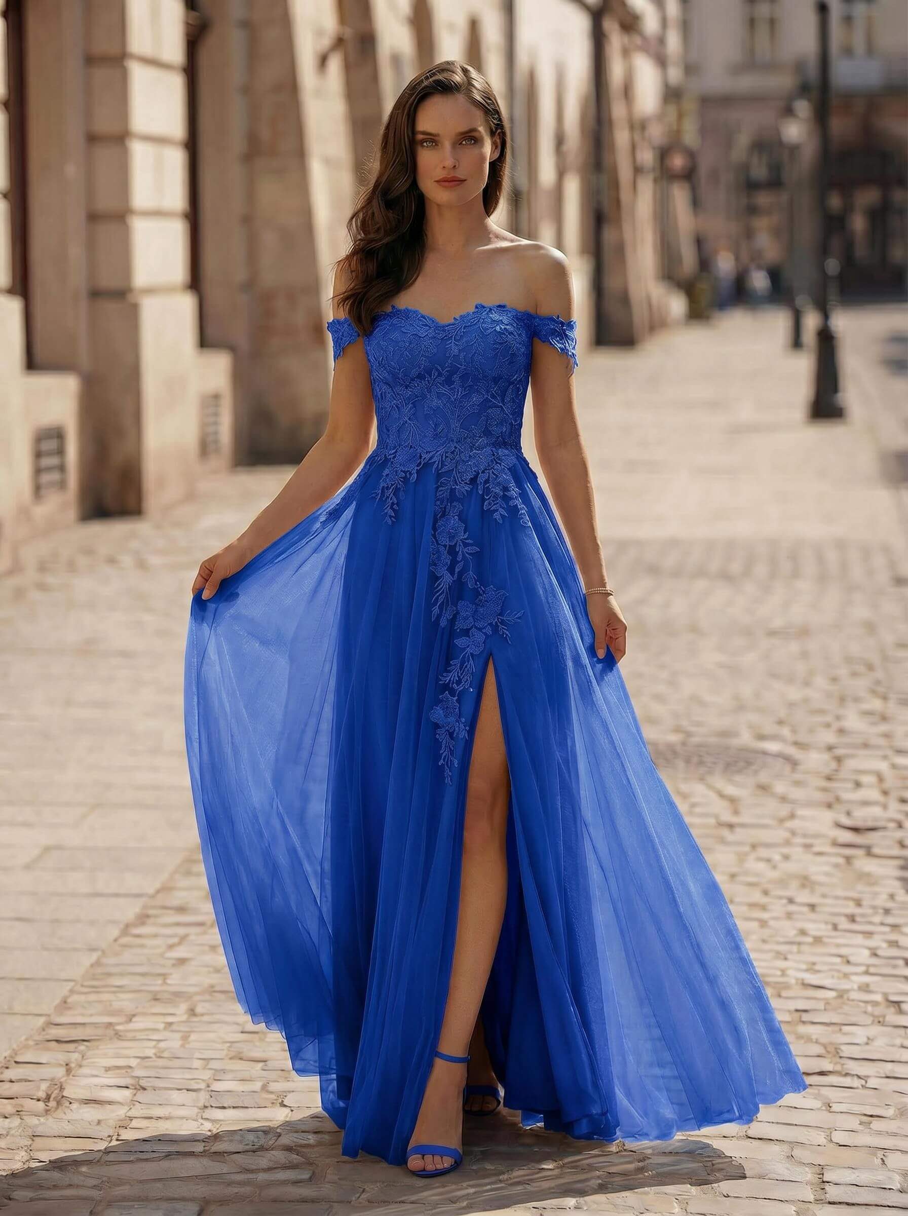 A-Line Off-The-Shoulder Sleeveless Lace/Tulle Bridesmaid Dresses With Split Front, image 11