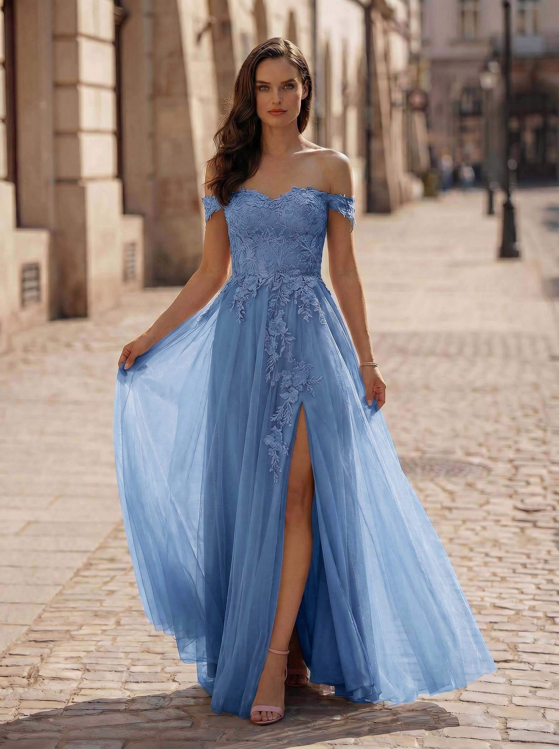 A-Line Off-The-Shoulder Sleeveless Lace/Tulle Bridesmaid Dresses With Split Front, image 7