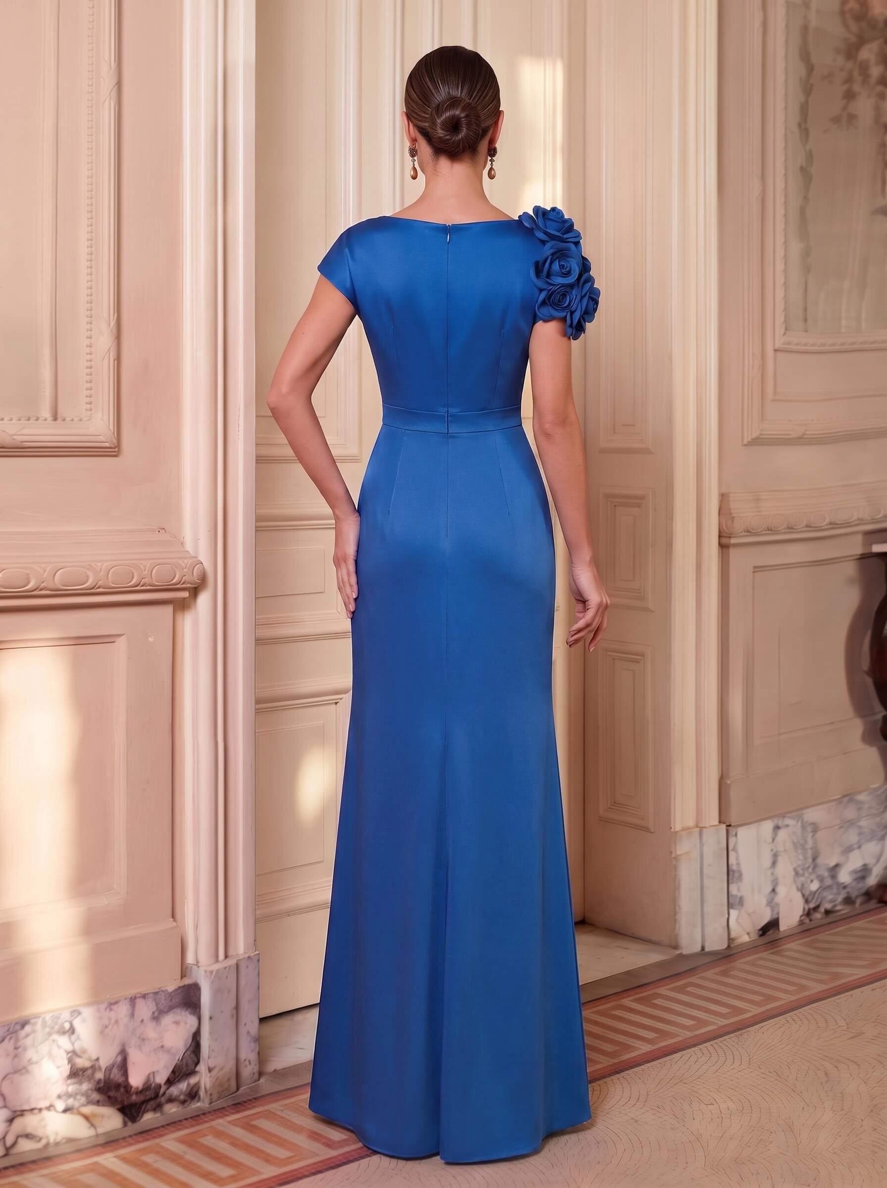 Trumpet/Mermaid Scoop Neck Short Sleeves Floor-Length Chiffon/Satin Evening Dresses, supplier image 2
